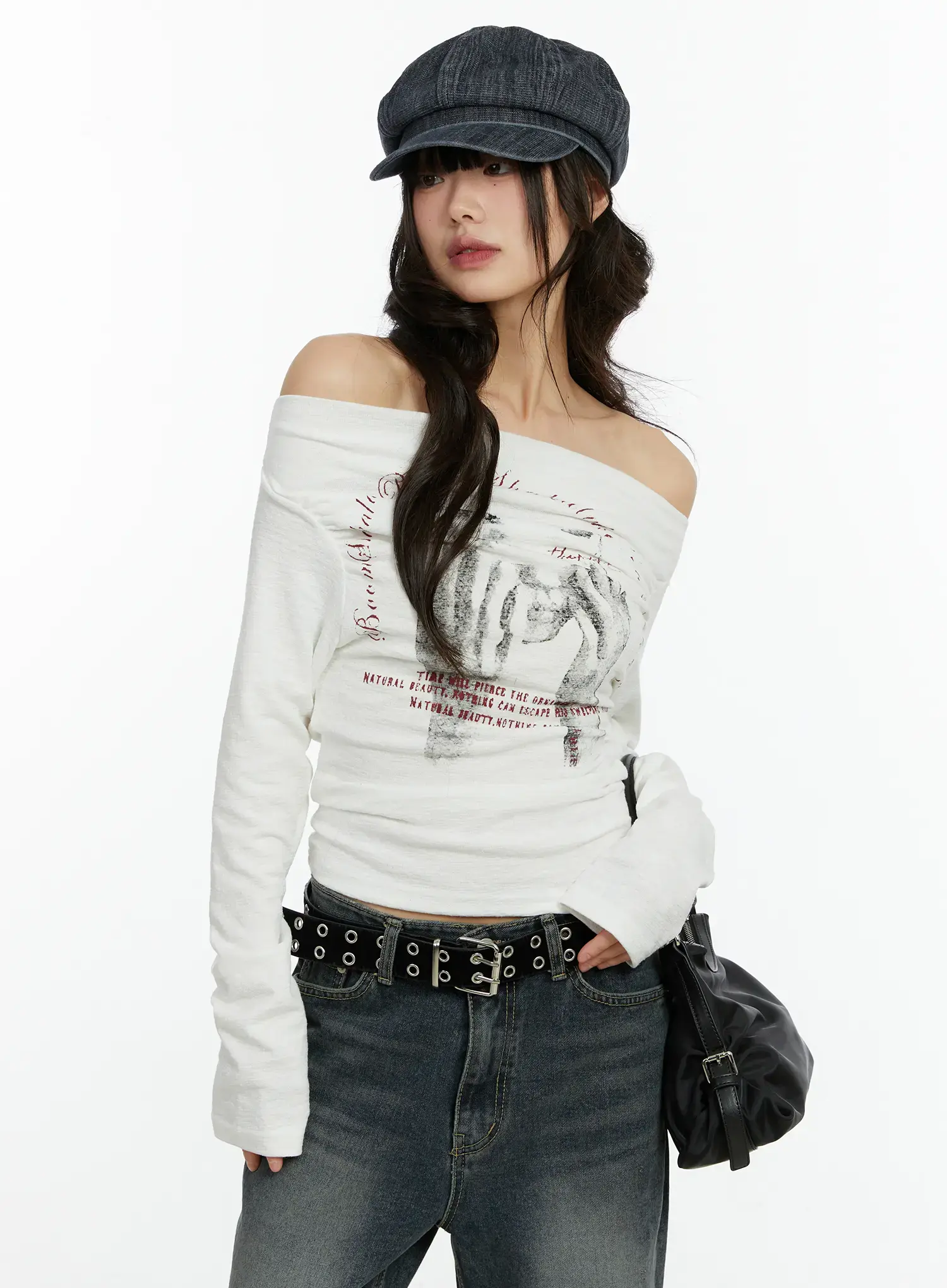 Graphic Print Off-Shoulder Long Sleeve Top CF510