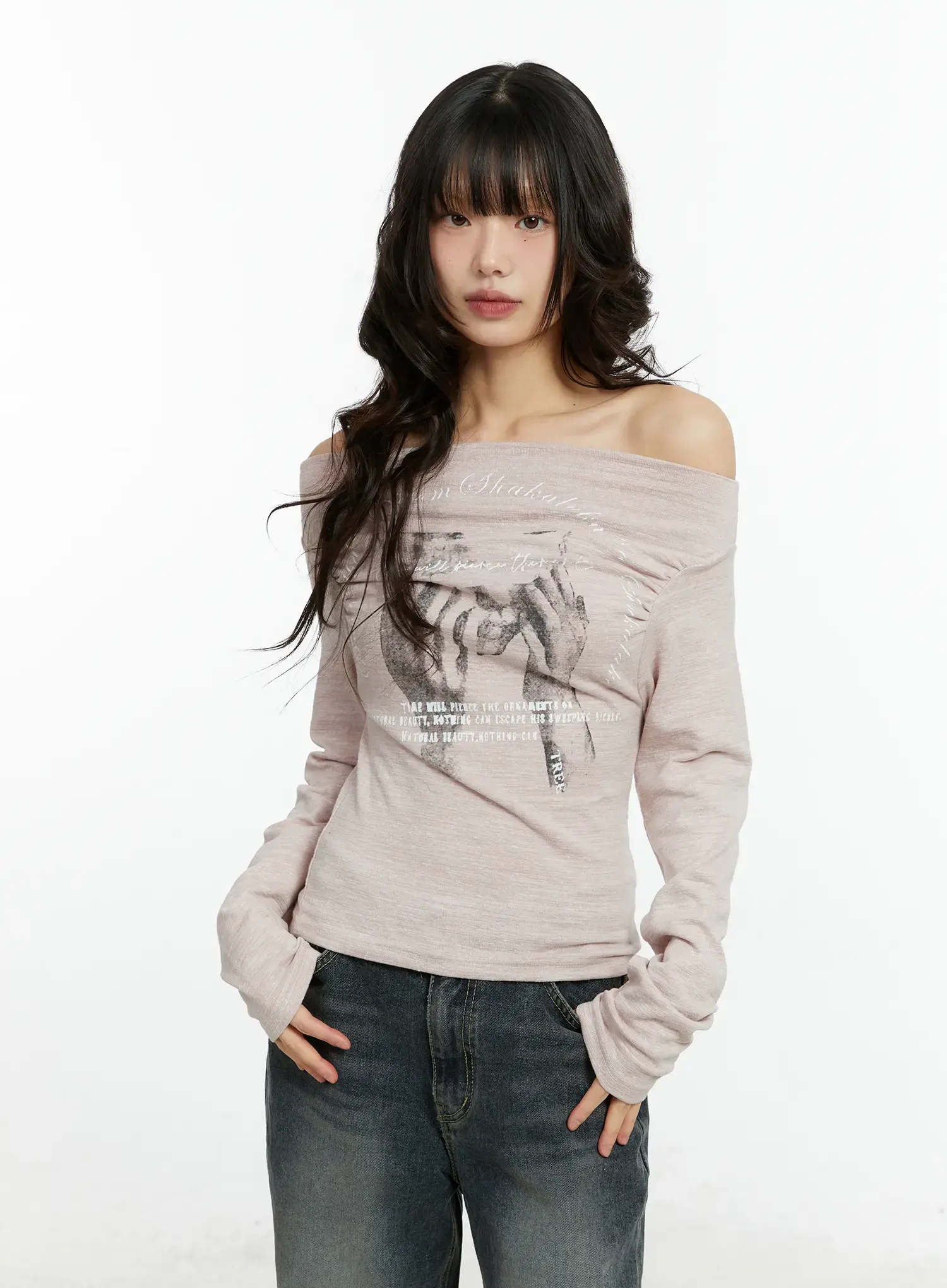 Graphic Print Off-Shoulder Long Sleeve Top CF510 - Image 2