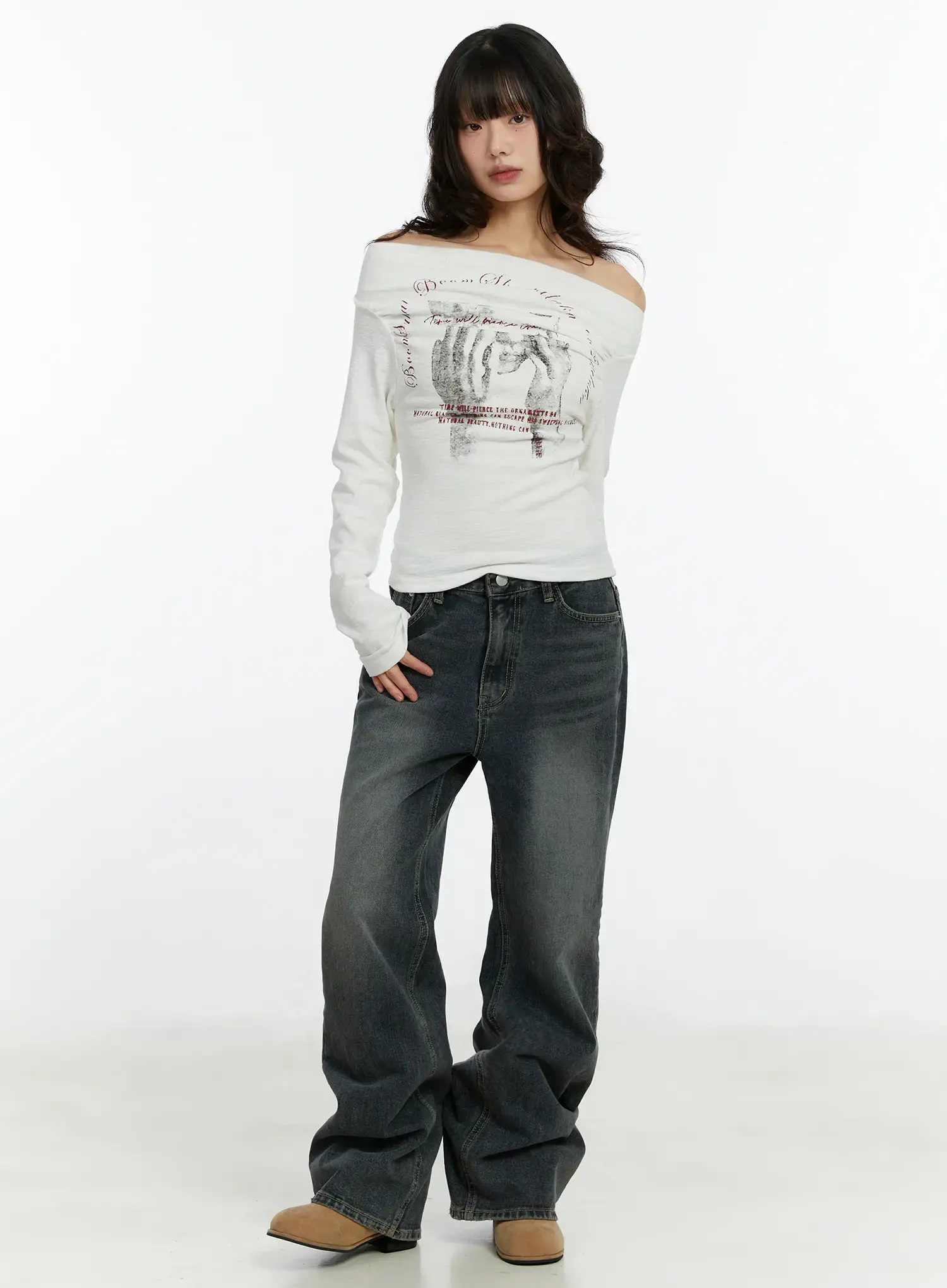Graphic Print Off-Shoulder Long Sleeve Top CF510 - Image 3