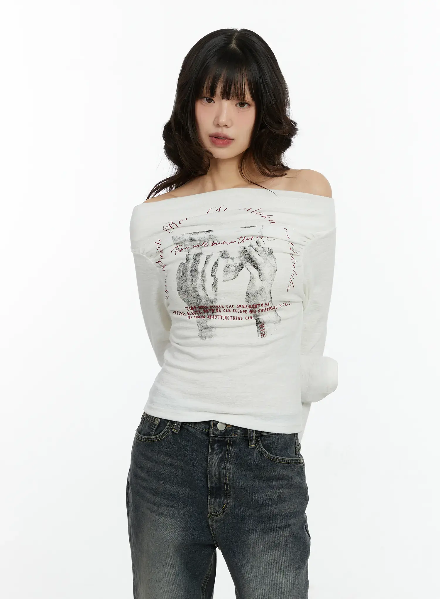 Graphic Print Off-Shoulder Long Sleeve Top CF510 - Image 9