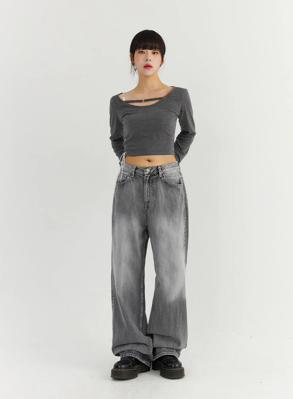 Grey Washed Wide Leg Jeans CO323 - Image 2