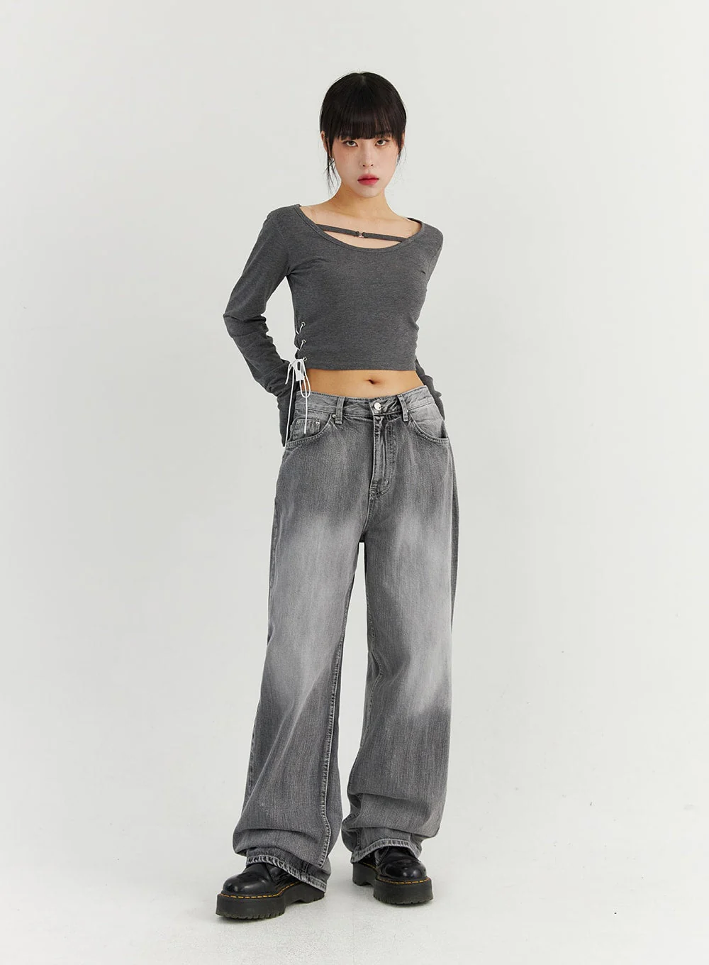 Grey Washed Wide Leg Jeans CO323 - Image 3