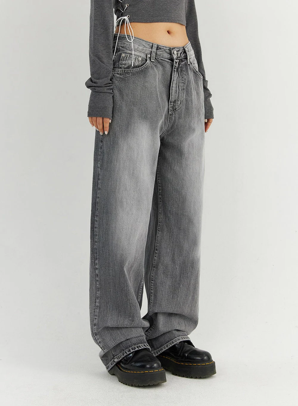 Grey Washed Wide Leg Jeans CO323 - Image 4