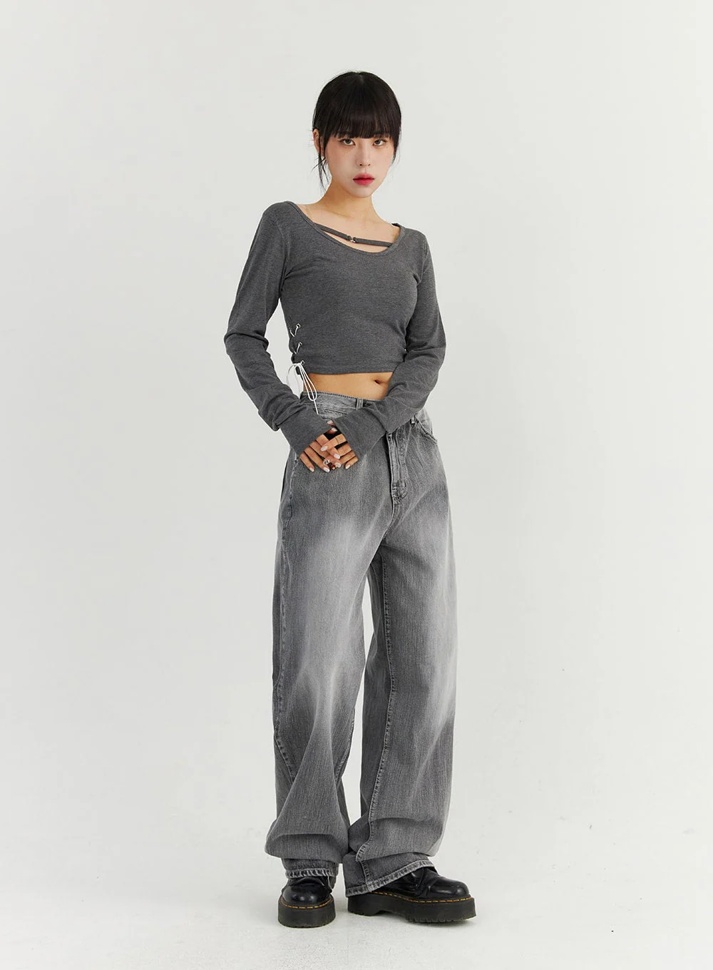 Grey Washed Wide Leg Jeans CO323 - Image 6