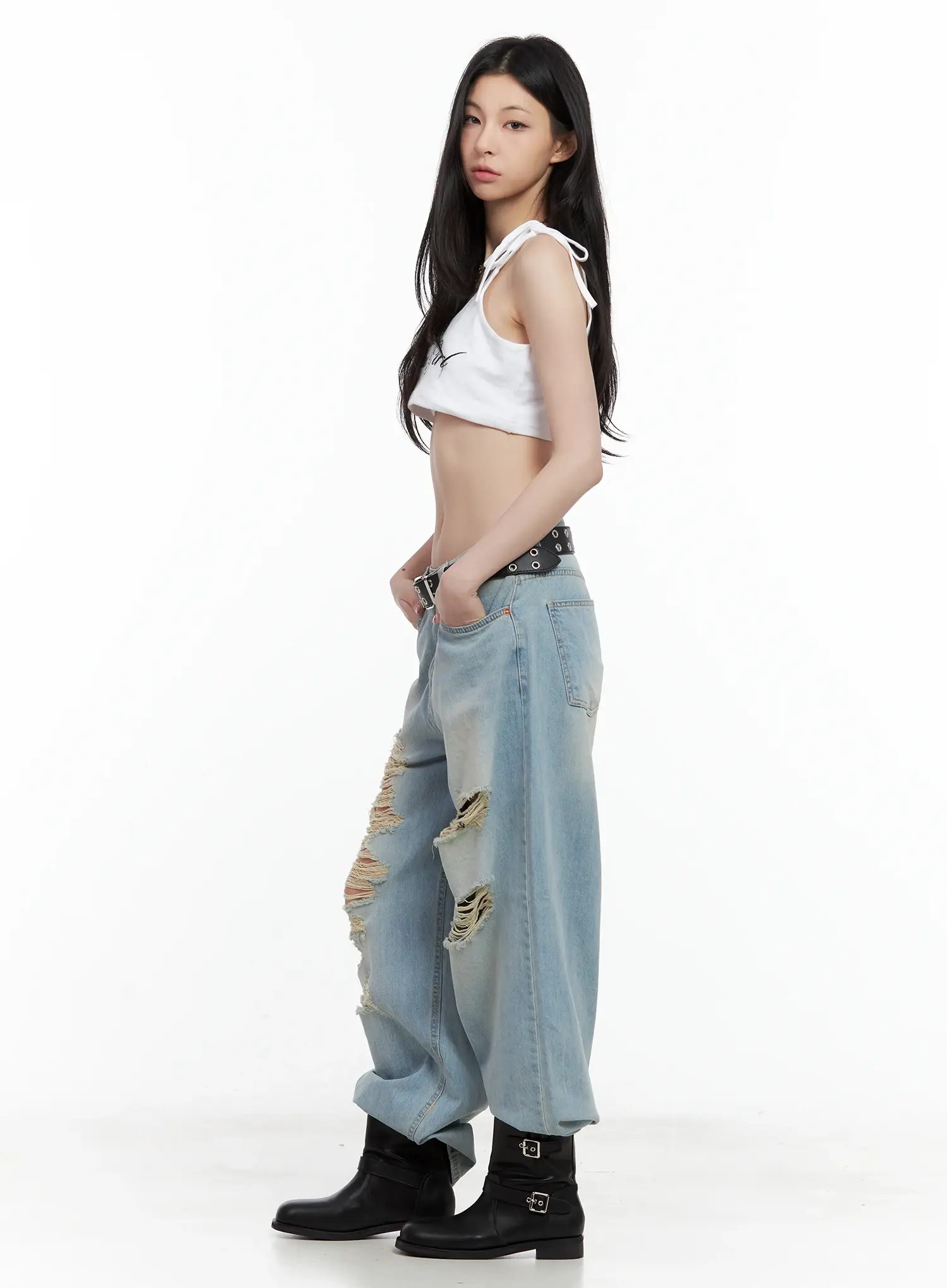 Gyuri Dirty-Wash Distressed Wide Jeans CU530 - Image 12