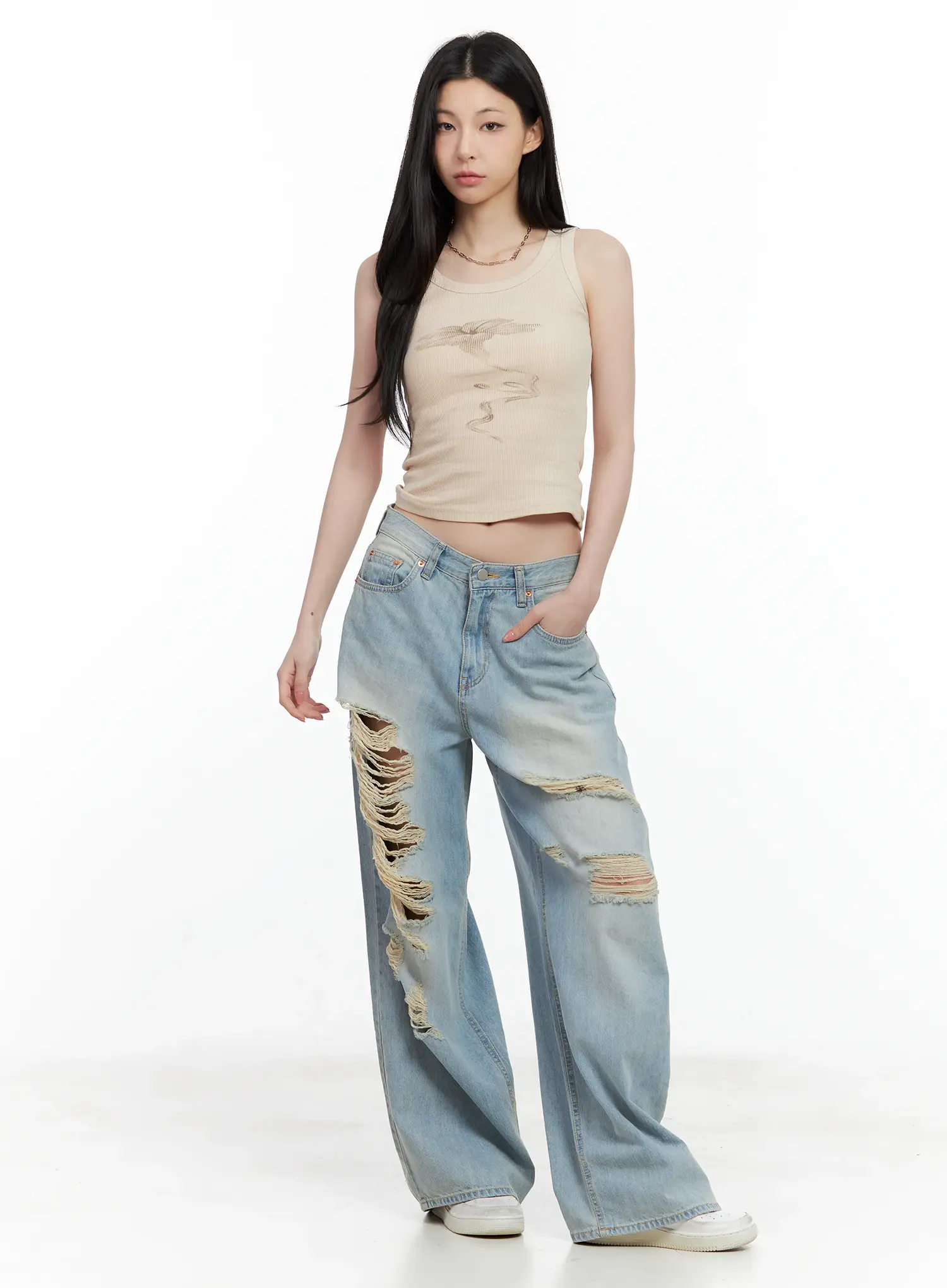 Gyuri Dirty-Wash Distressed Wide Jeans CU530 - Image 3