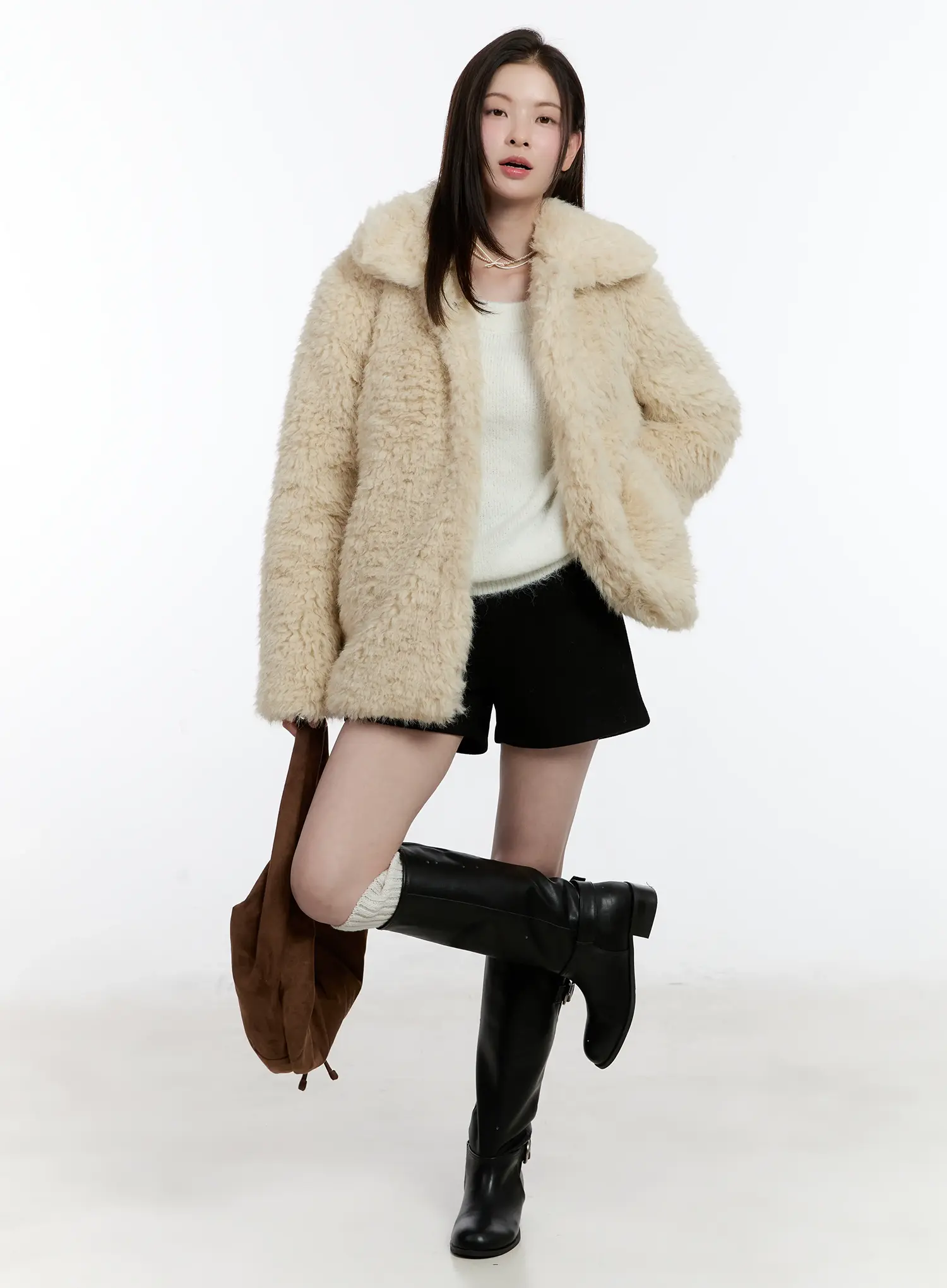 Half-Length Snap Button Faux Fur Jacket ID510