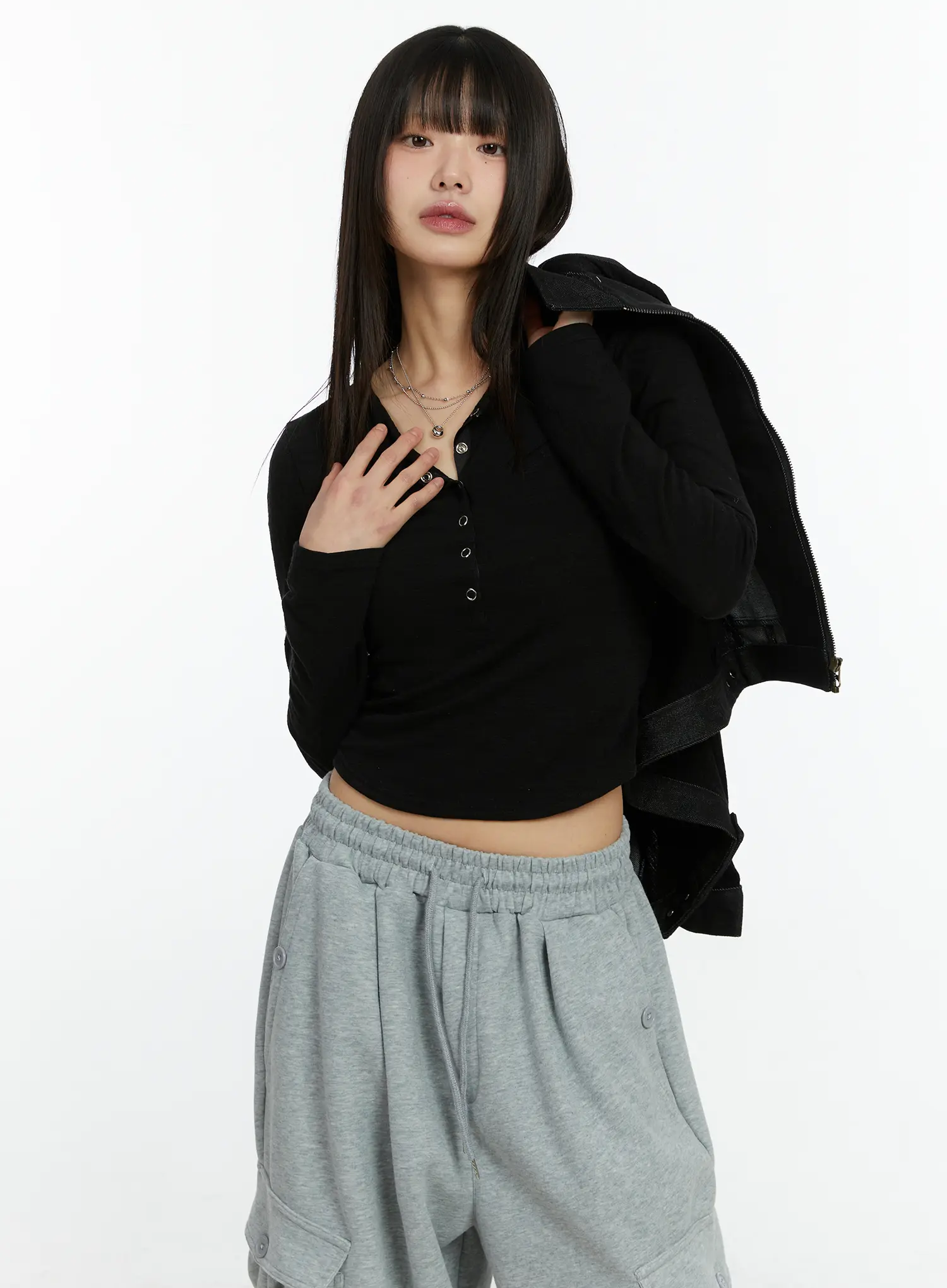Henley Eyelet Long Sleeve Top CF509