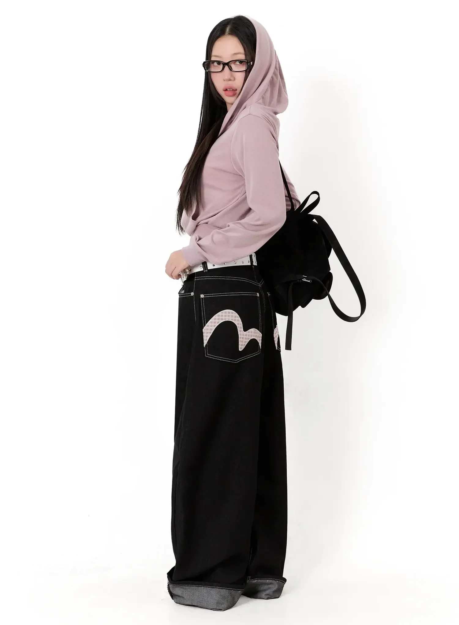 Kacey Plaid Stitched Back Pocket Baggy Jeans IM513