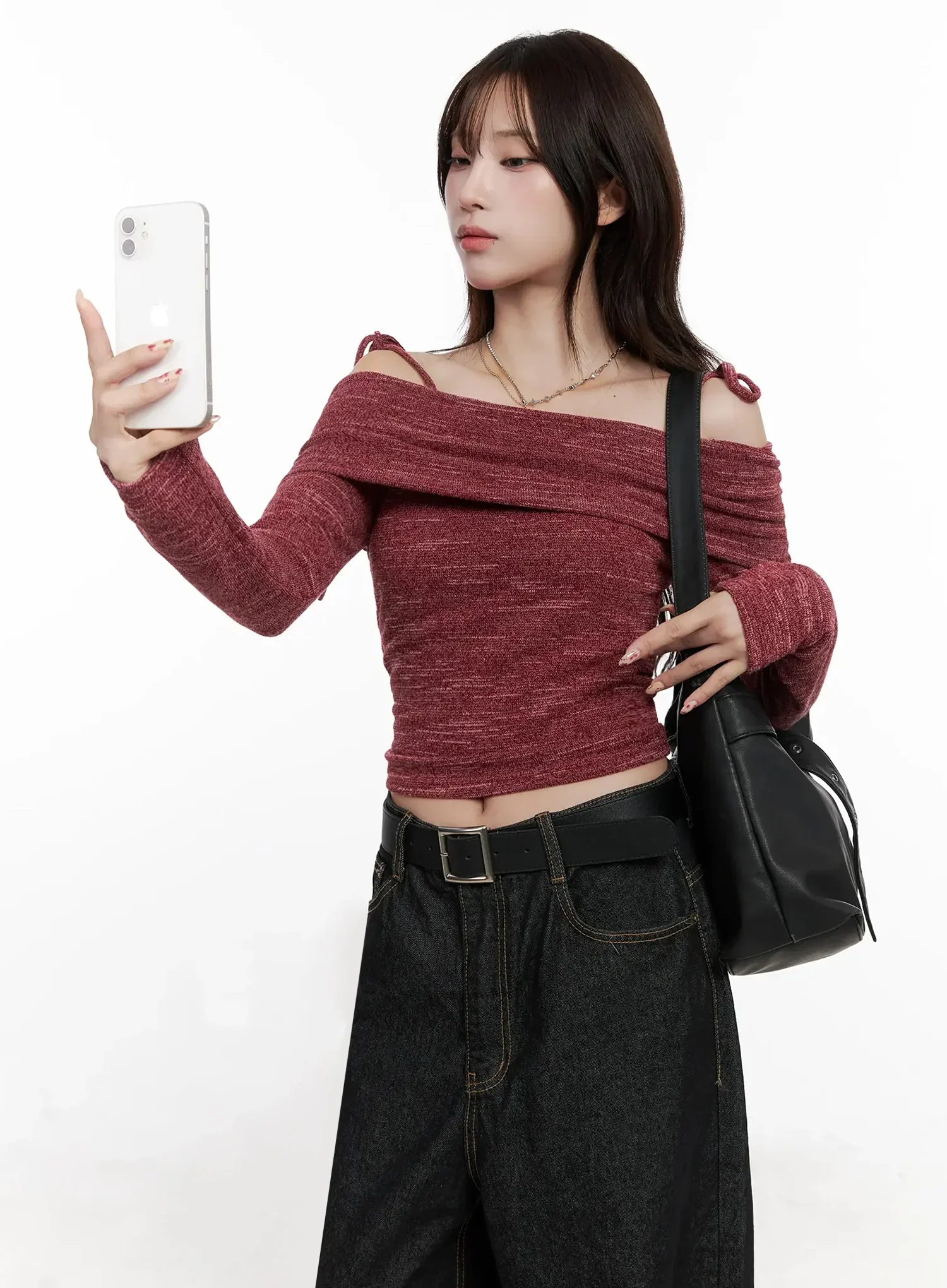 Knit Ribbon Strap Off-Shoulder Top IN514