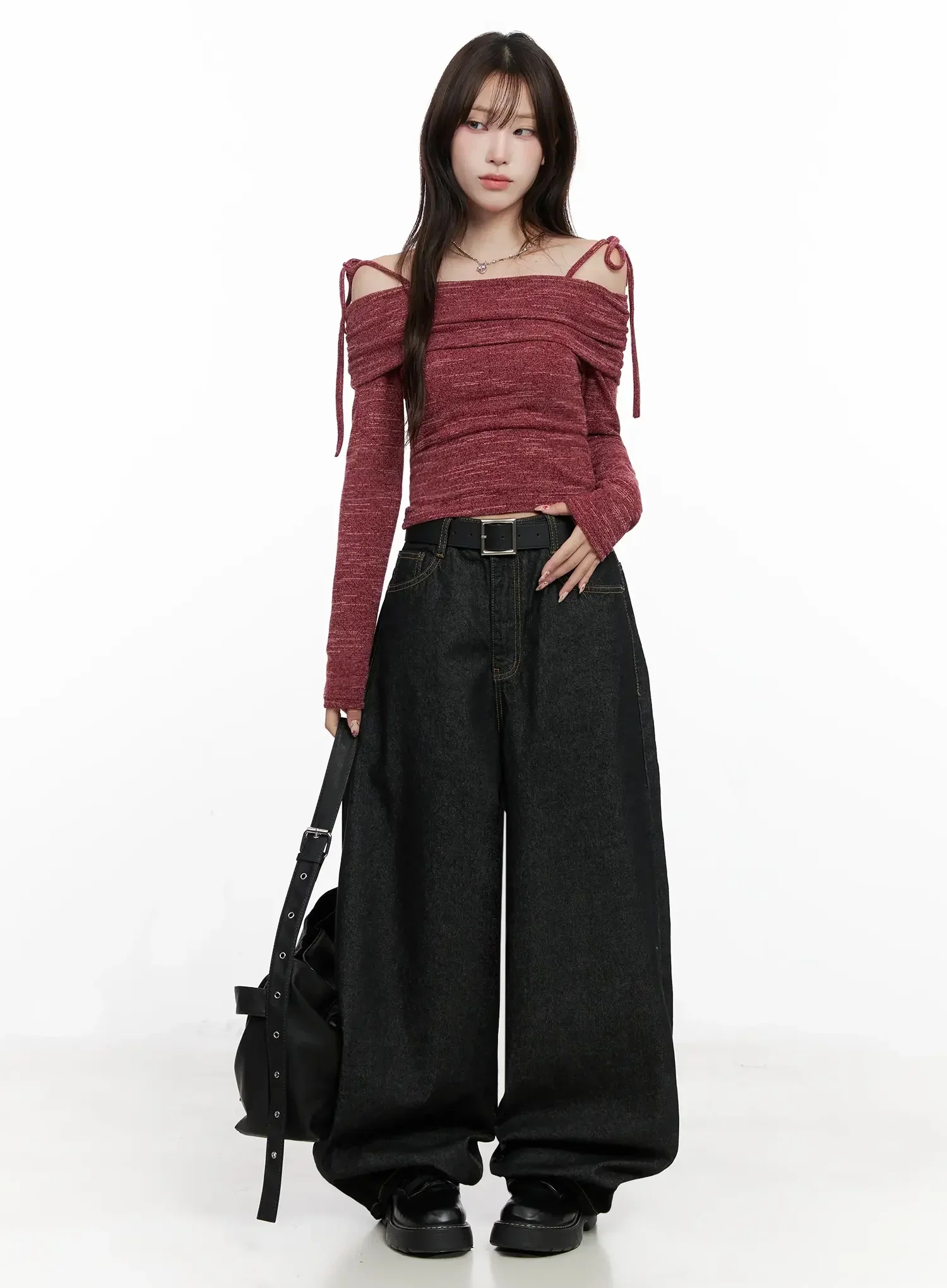 Knit Ribbon Strap Off-Shoulder Top IN514 - Image 2