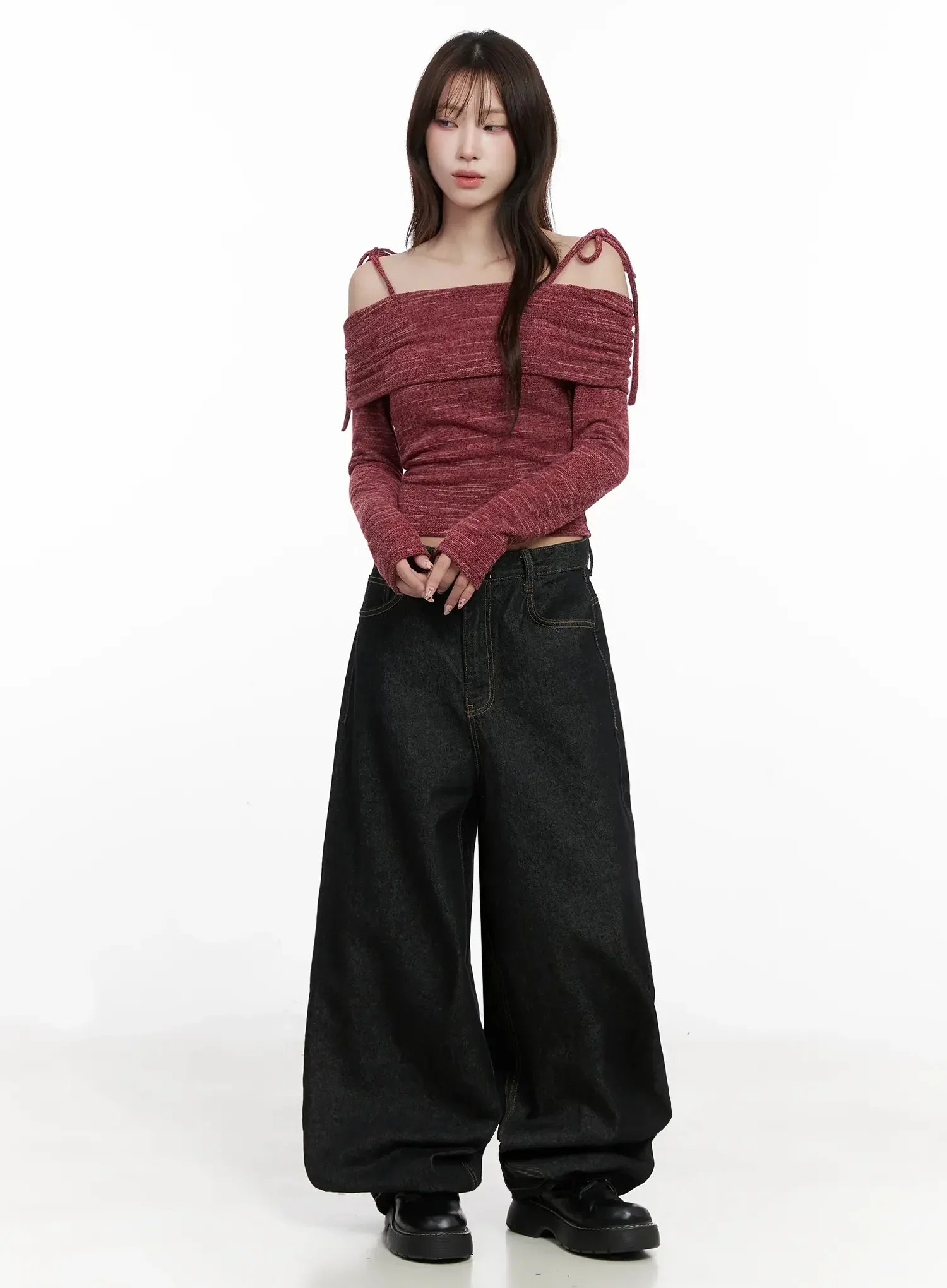 Knit Ribbon Strap Off-Shoulder Top IN514 - Image 3