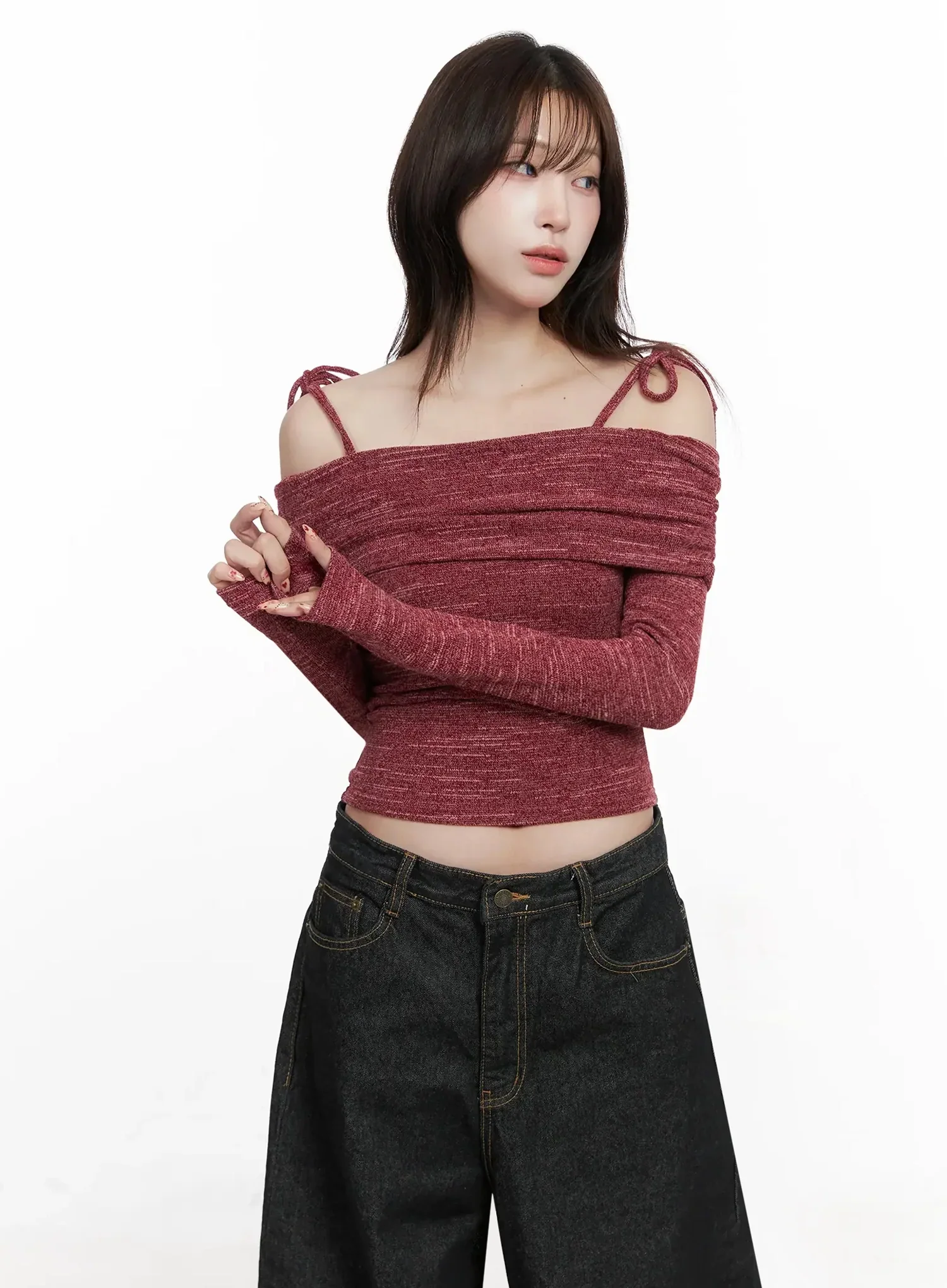 Knit Ribbon Strap Off-Shoulder Top IN514 - Image 5