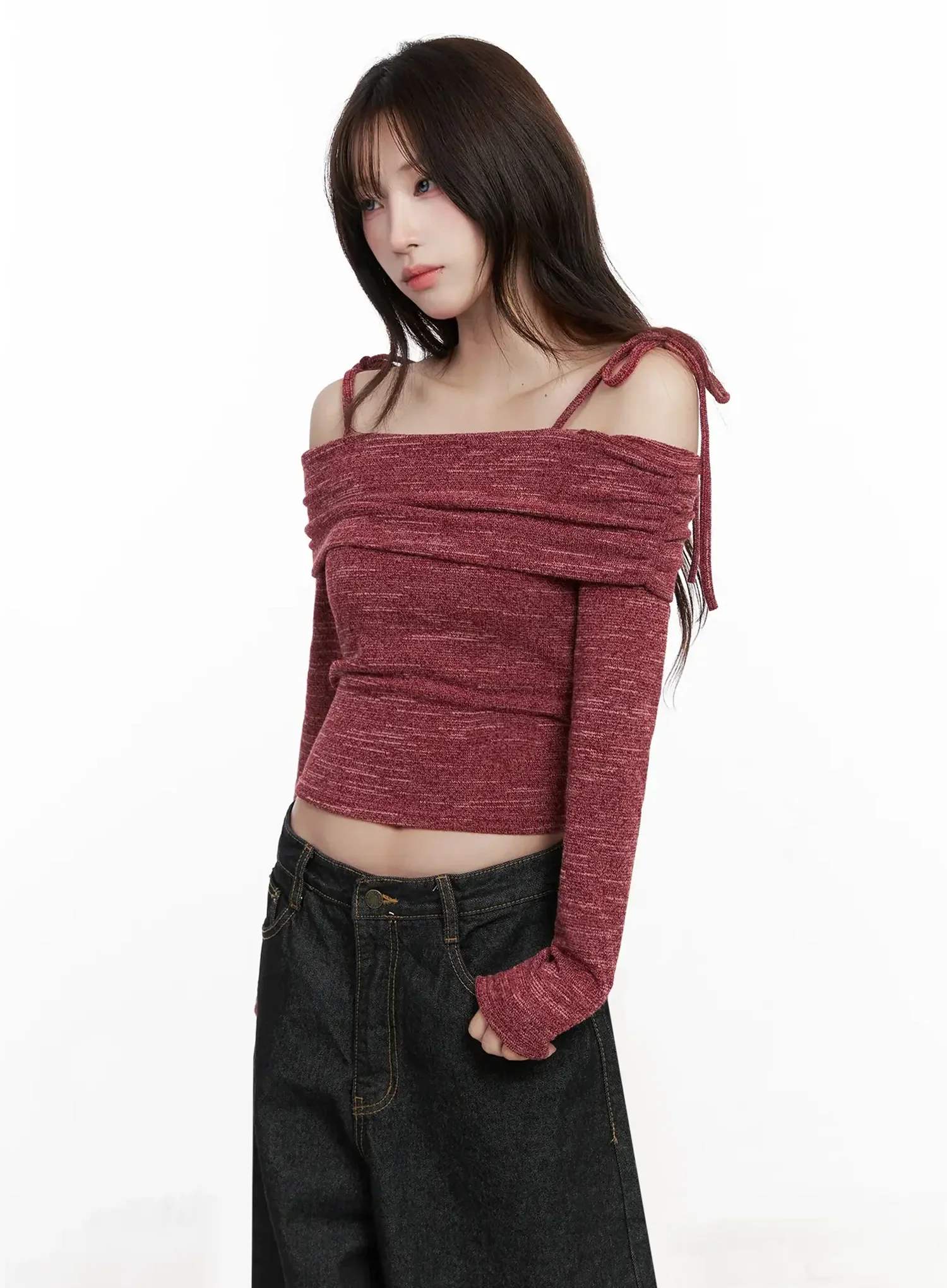 Knit Ribbon Strap Off-Shoulder Top IN514 - Image 6