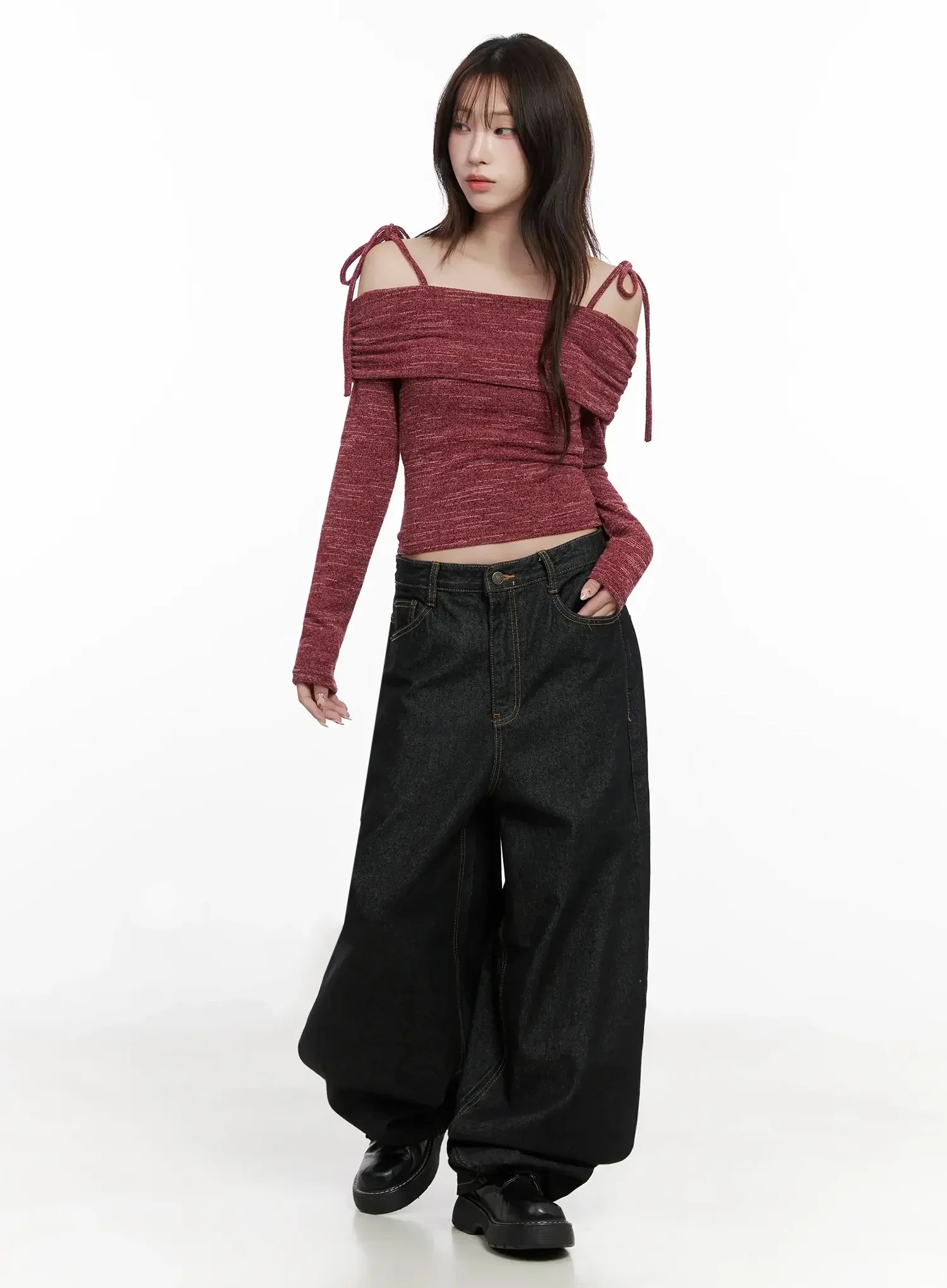 Knit Ribbon Strap Off-Shoulder Top IN514 - Image 7