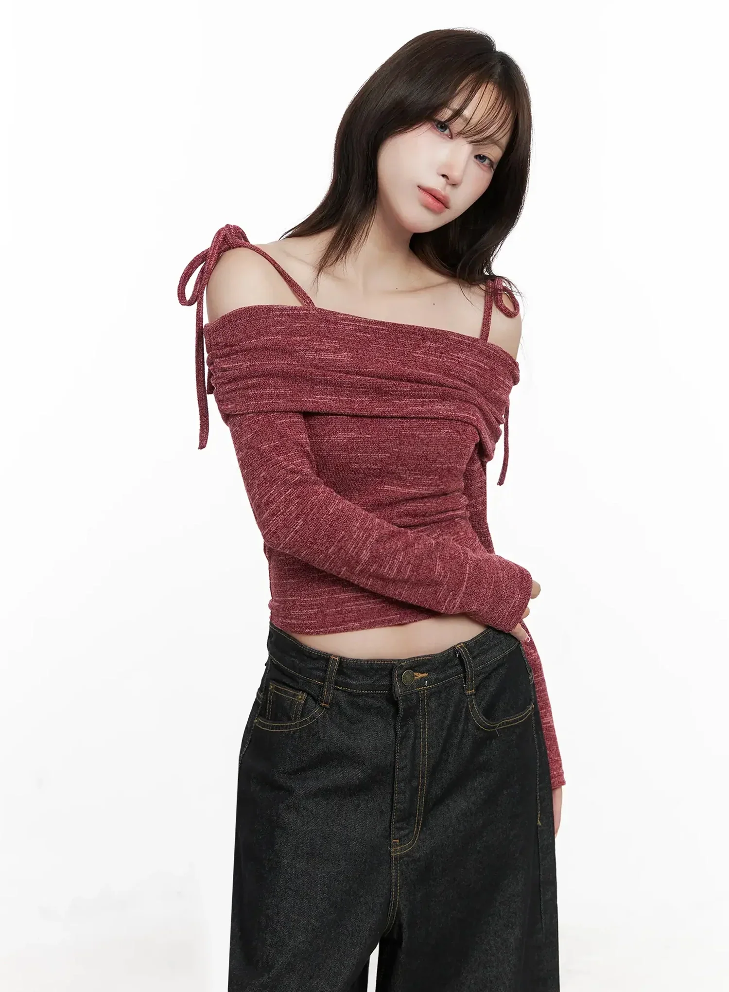 Knit Ribbon Strap Off-Shoulder Top IN514 - Image 8