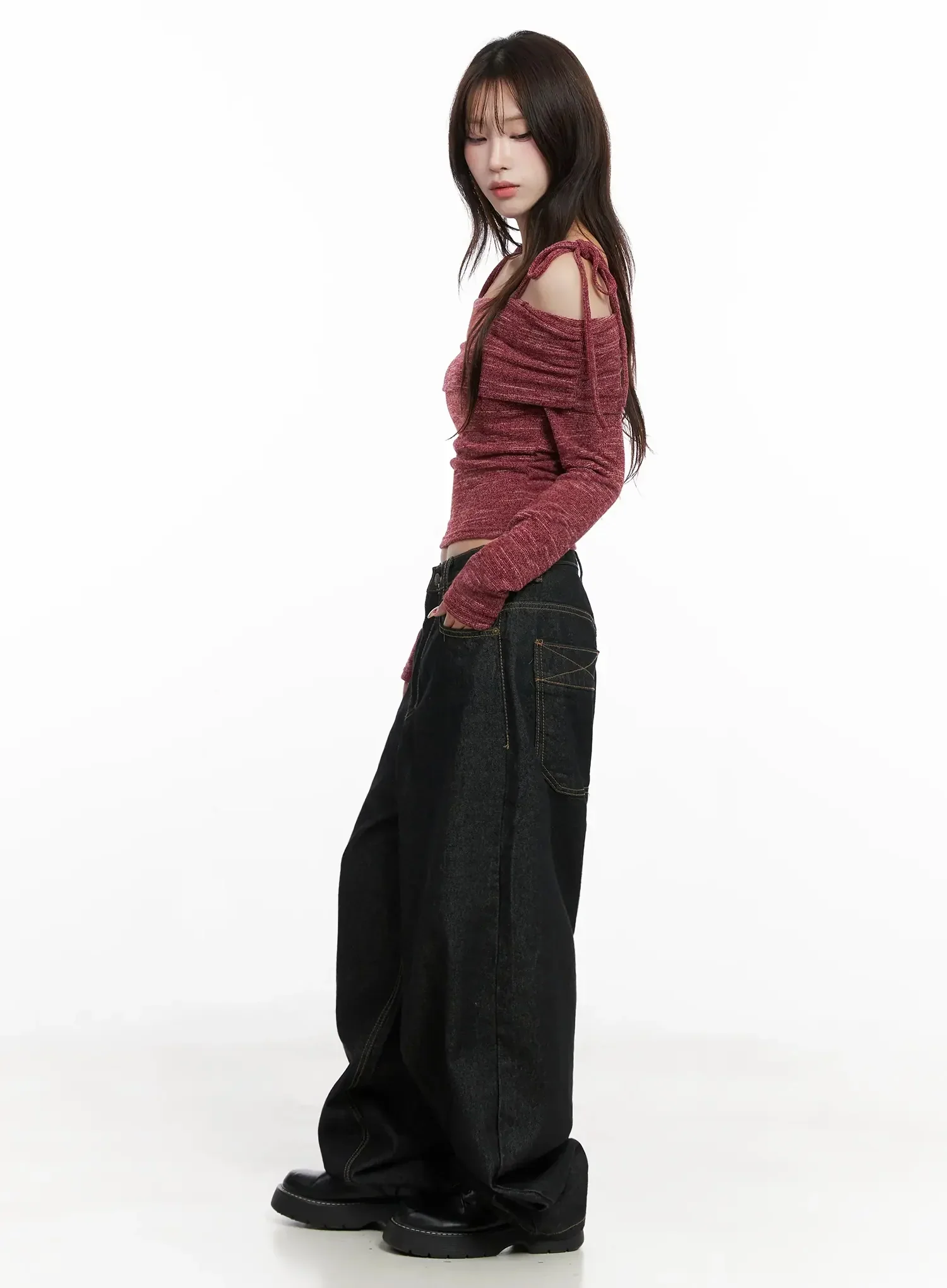 Knit Ribbon Strap Off-Shoulder Top IN514 - Image 9