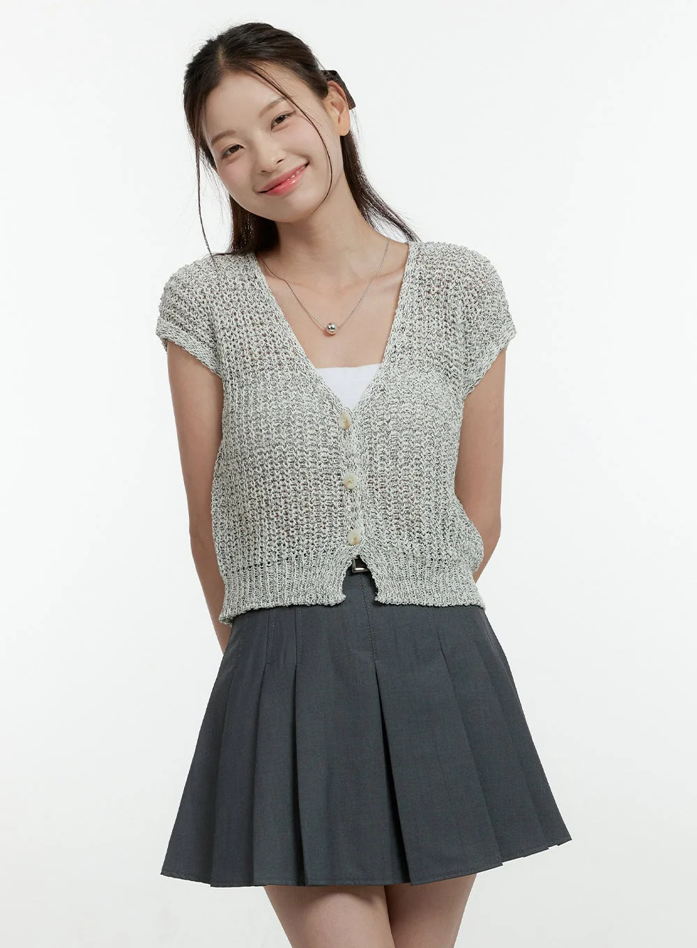 Knitted V-Neck Short Sleeve Cardigan OL430 - Image 4