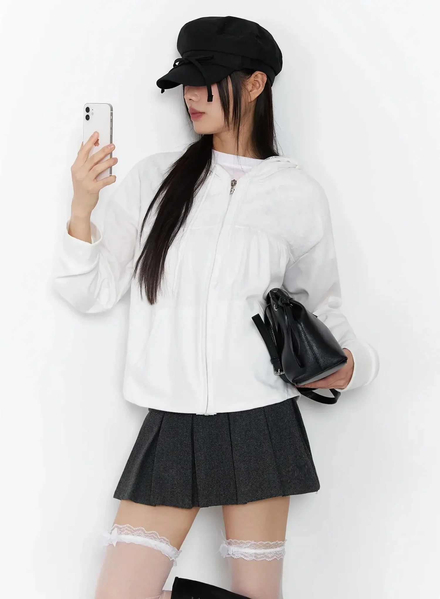 Lace Accent Zip-Up Hoodie IF505