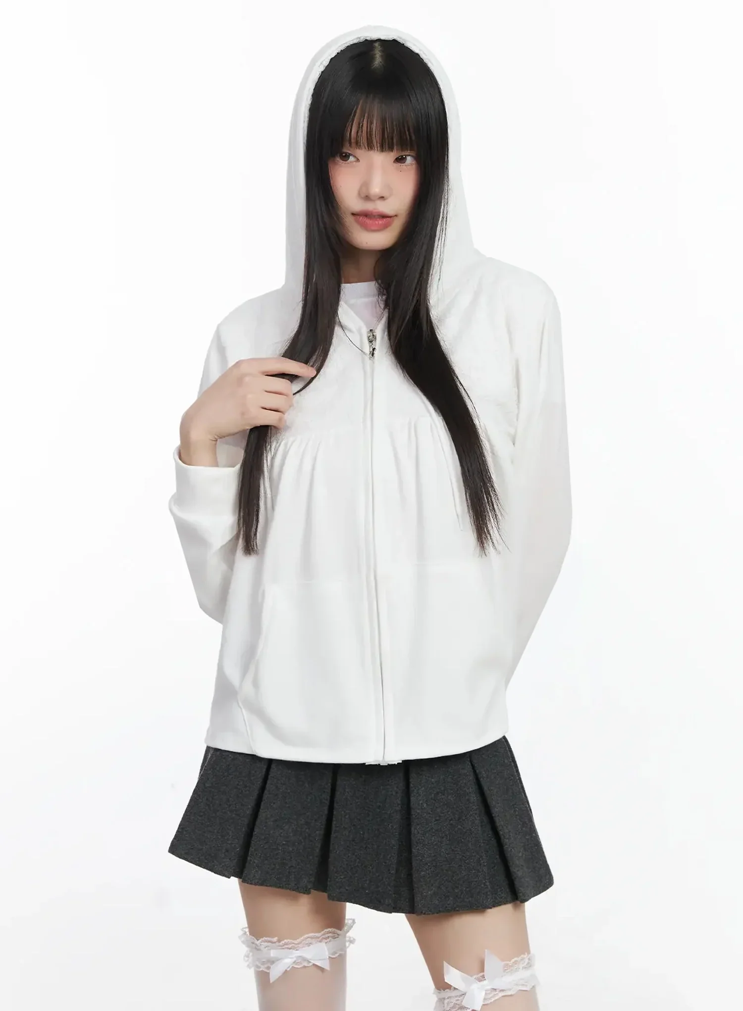 Lace Accent Zip-Up Hoodie IF505 - Image 11