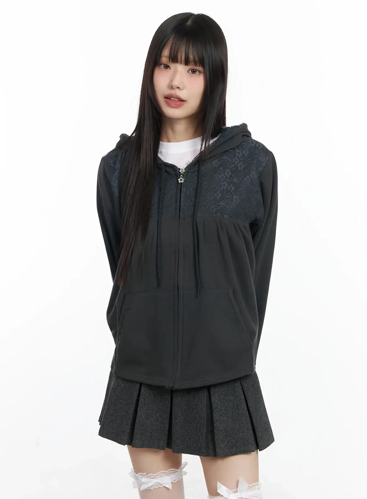 Lace Accent Zip-Up Hoodie IF505 - Image 17