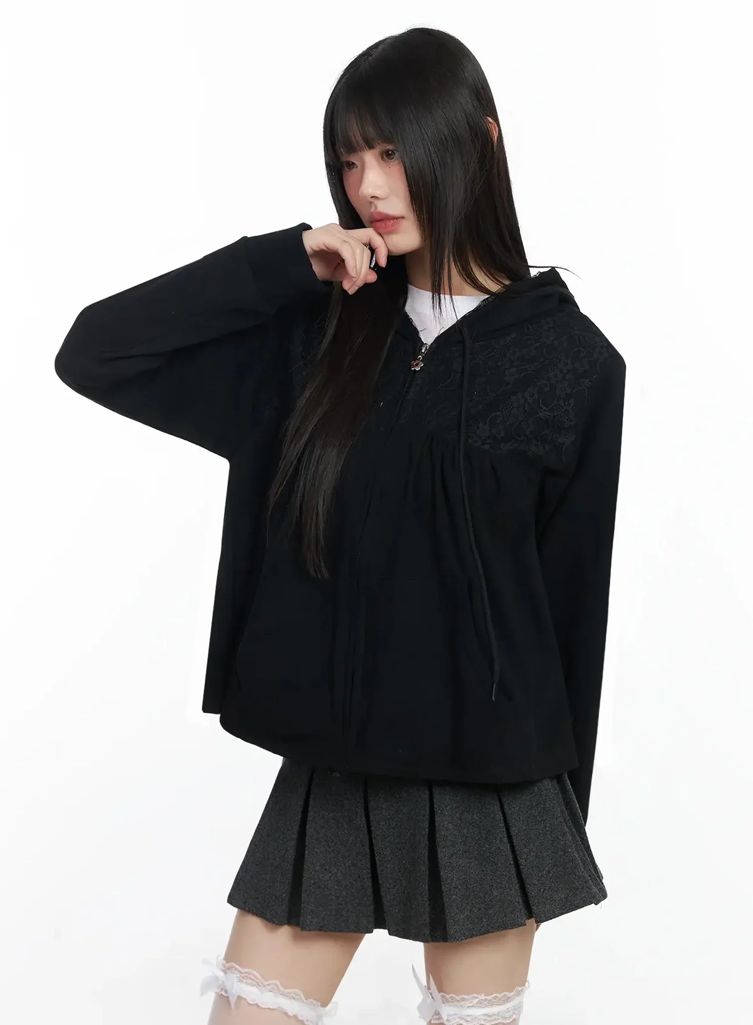 Lace Accent Zip-Up Hoodie IF505 - Image 18