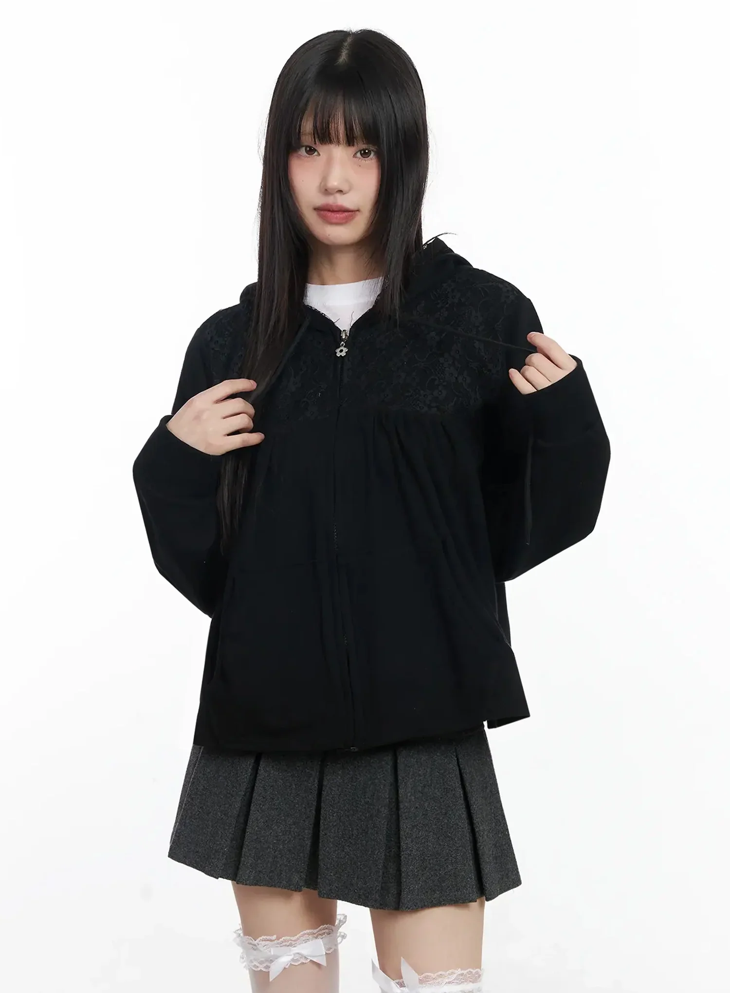 Lace Accent Zip-Up Hoodie IF505 - Image 2