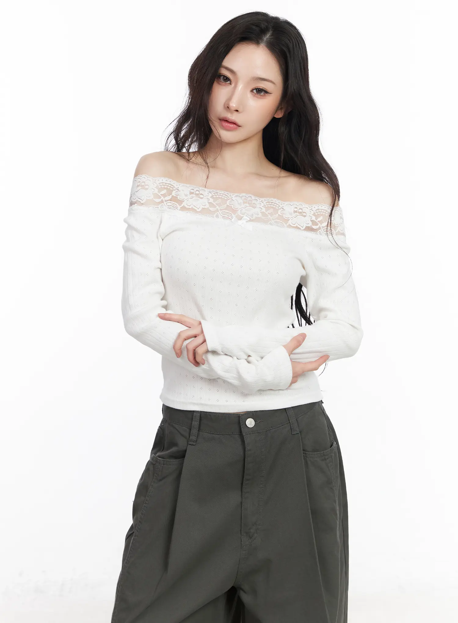 Lace Off-Shoulder Pointelle Long Sleeve Top CM518