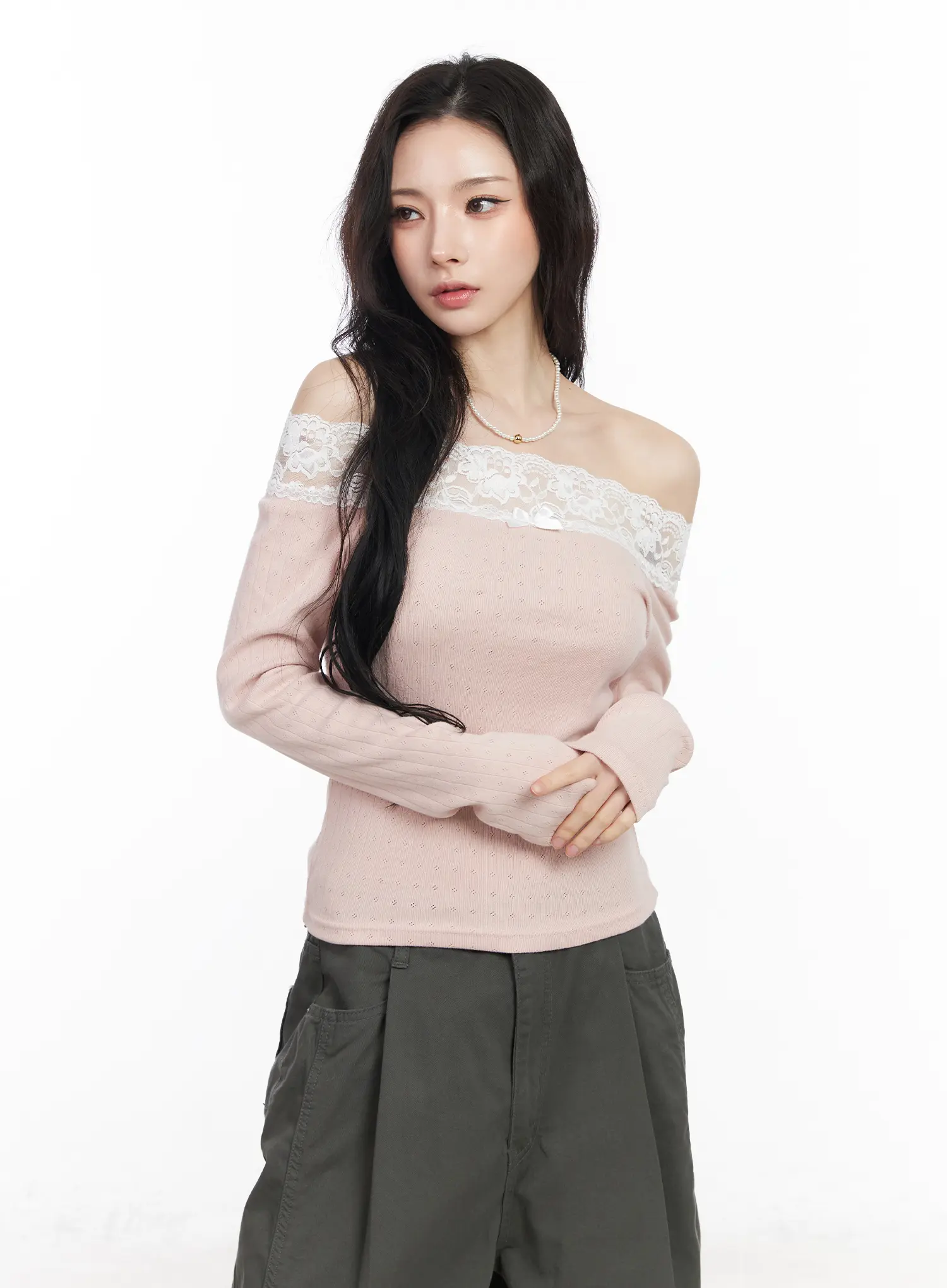 Lace Off-Shoulder Pointelle Long Sleeve Top CM518 - Image 10