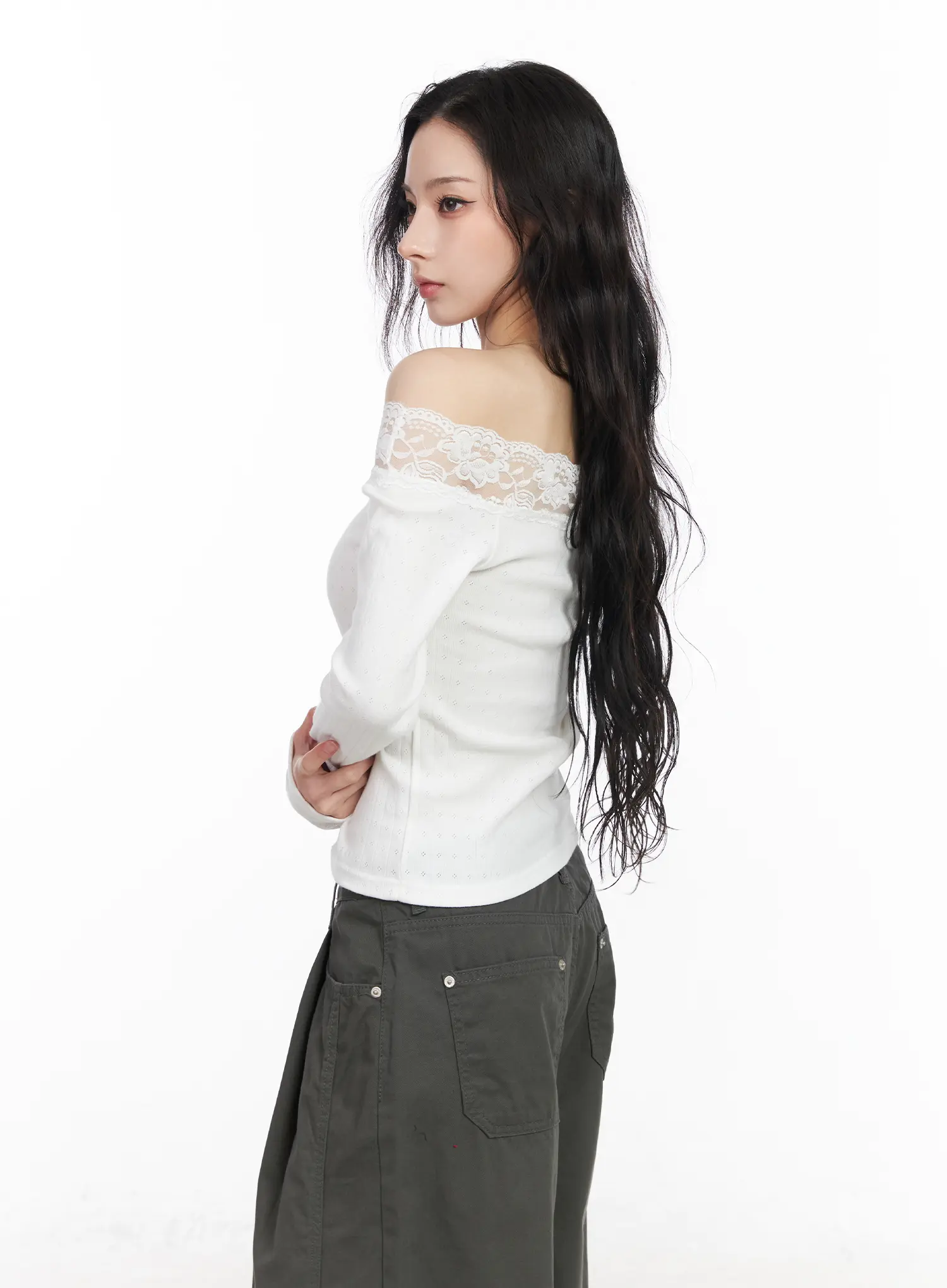 Lace Off-Shoulder Pointelle Long Sleeve Top CM518 - Image 6