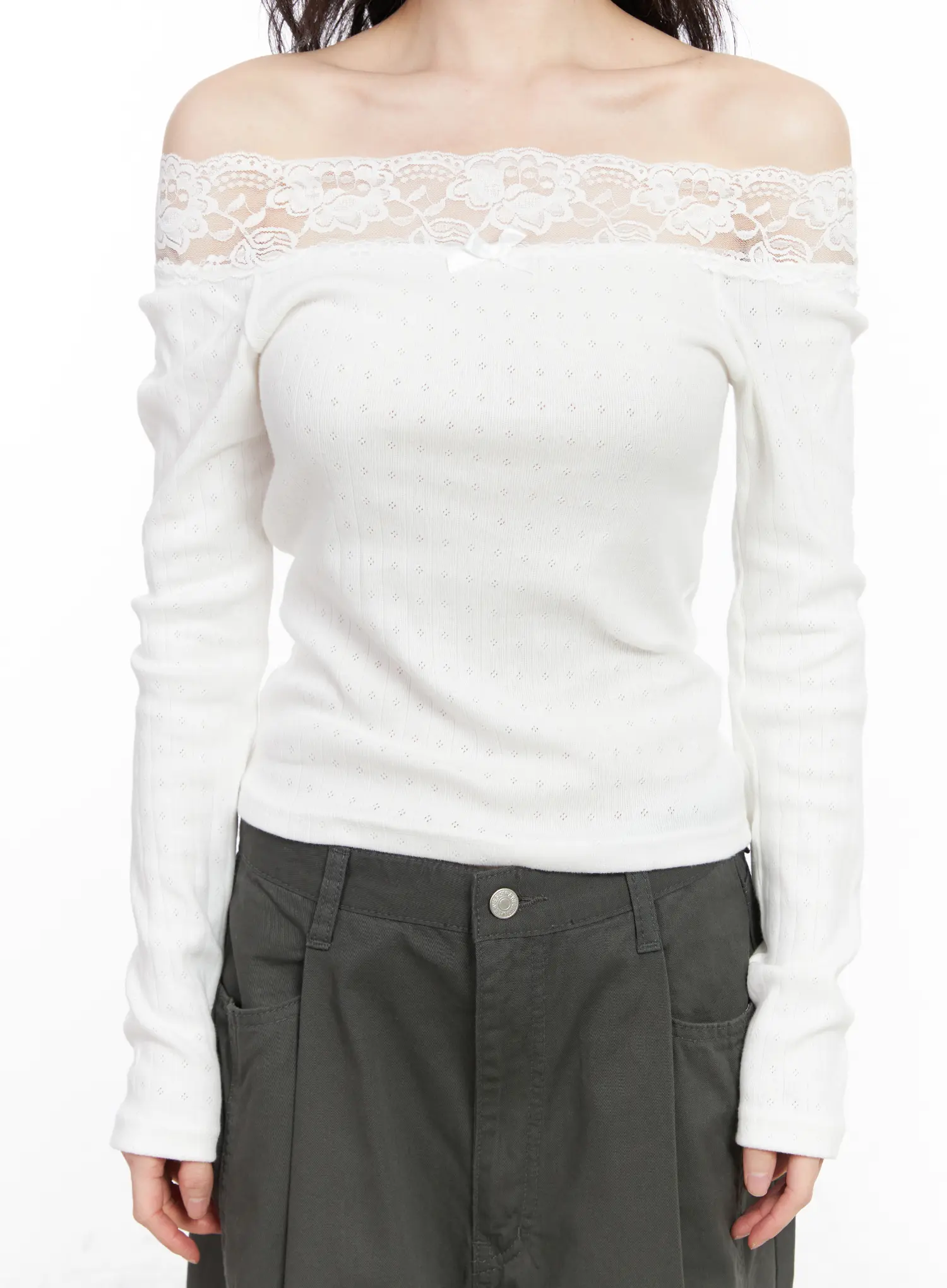 Lace Off-Shoulder Pointelle Long Sleeve Top CM518 - Image 8