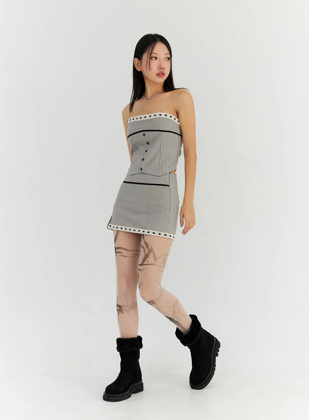 Lace Stripe Tailored Mini Skirt CN314 - Image 3