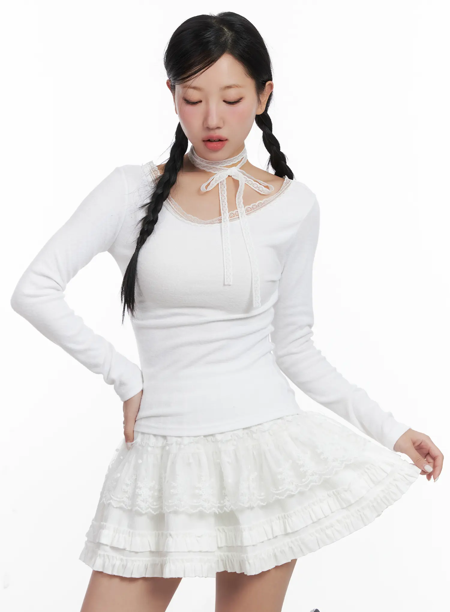 Lace Trim Long Sleeve Top & Scarf Set CN528