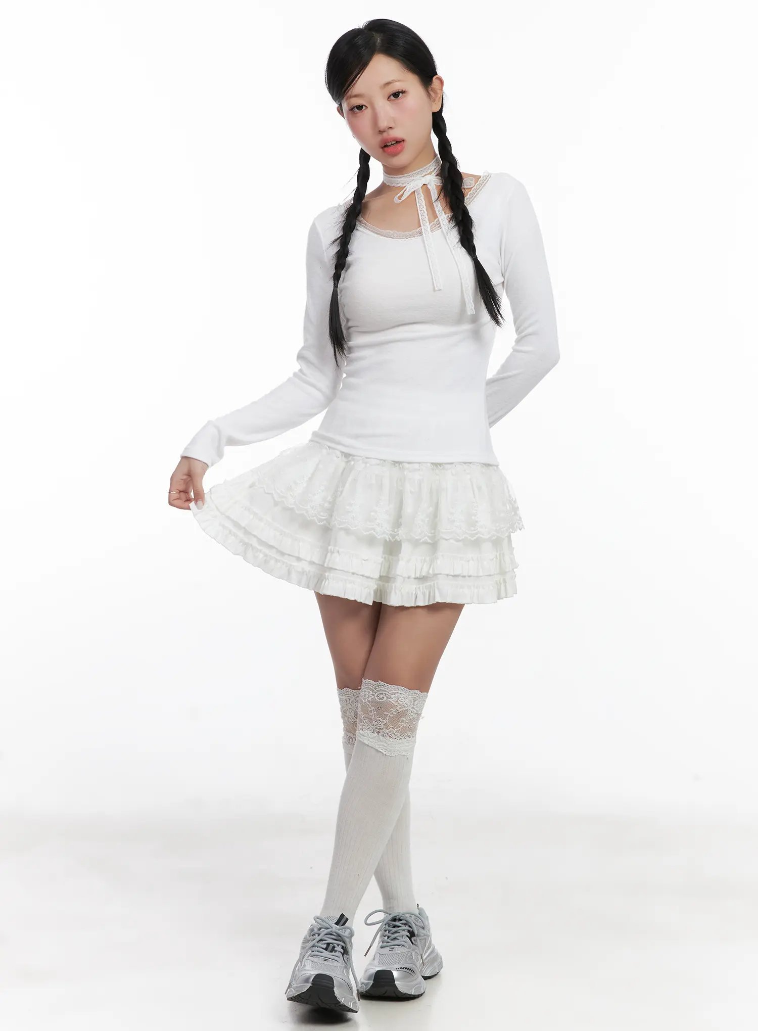 Lace Trim Long Sleeve Top & Scarf Set CN528 - Image 2