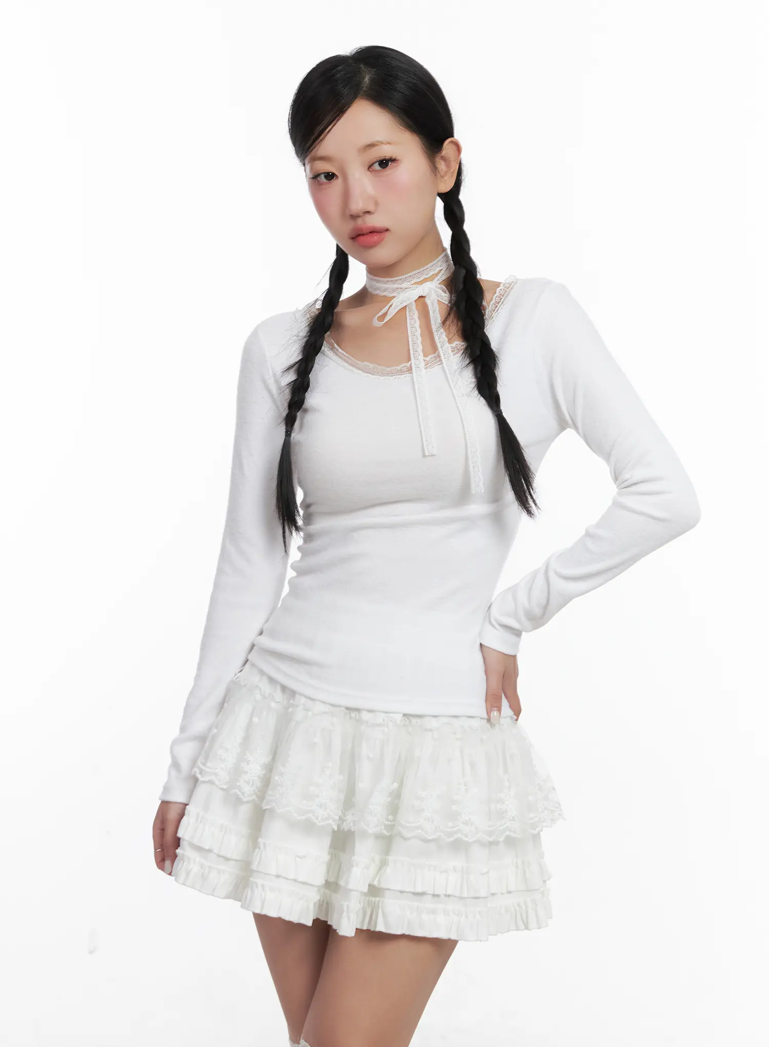 Lace Trim Long Sleeve Top & Scarf Set CN528 - Image 8