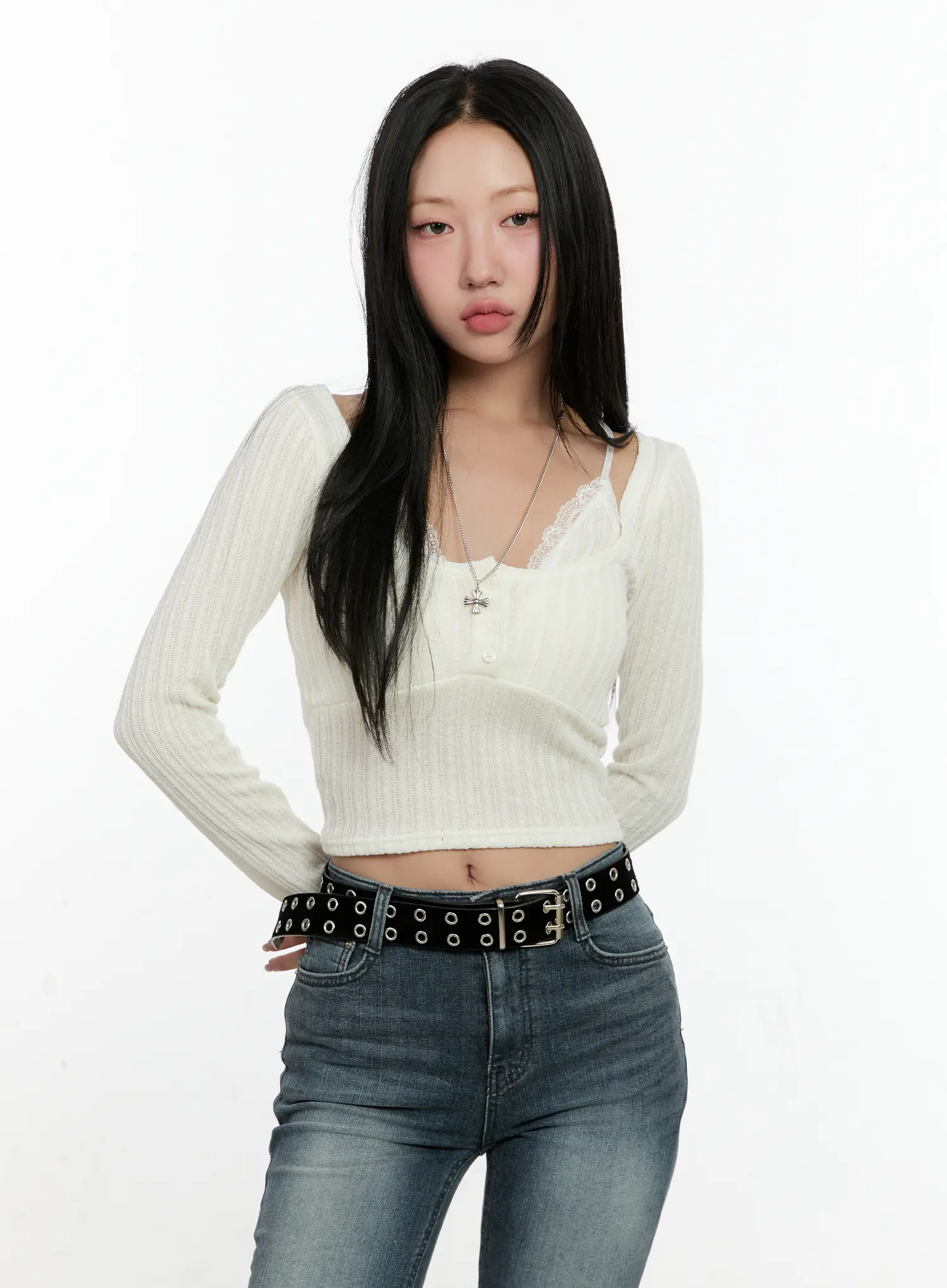 Lace-Trim Ribbed Cardigan CN506 - Image 2
