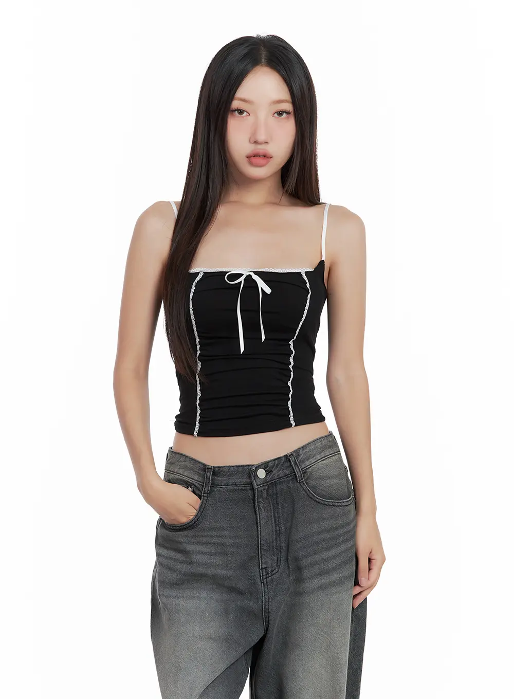 Lace-Trim Shirred Ribbon Camisole CL508 - Image 2