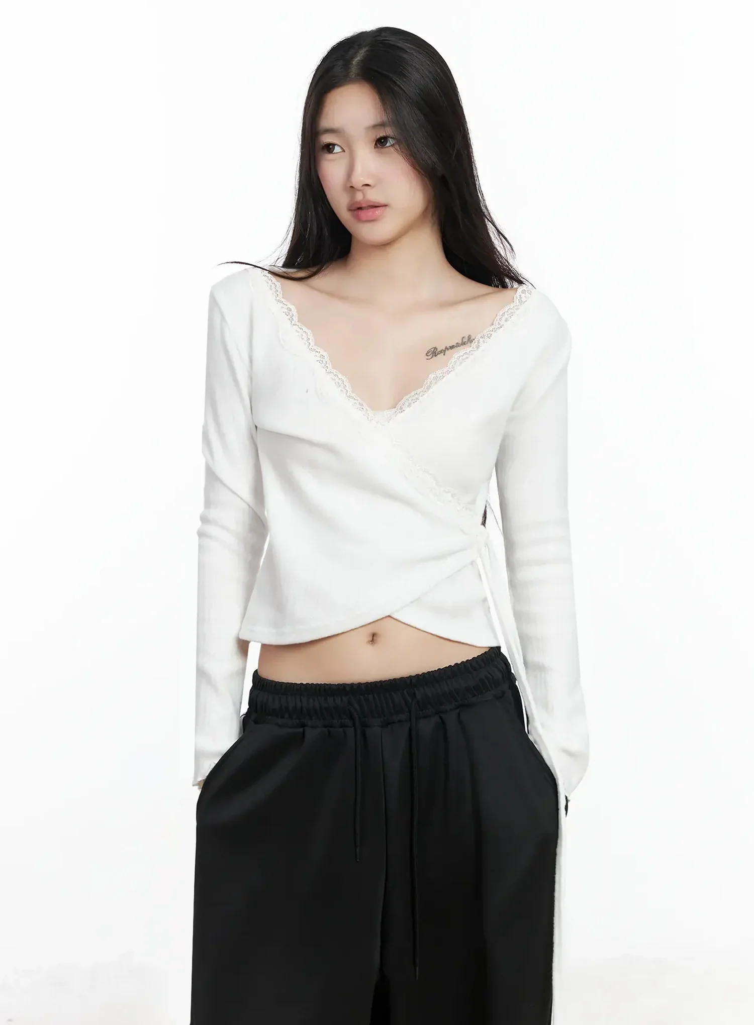 Lace Trim V-Neck Wrap Top IM506 - Image 2