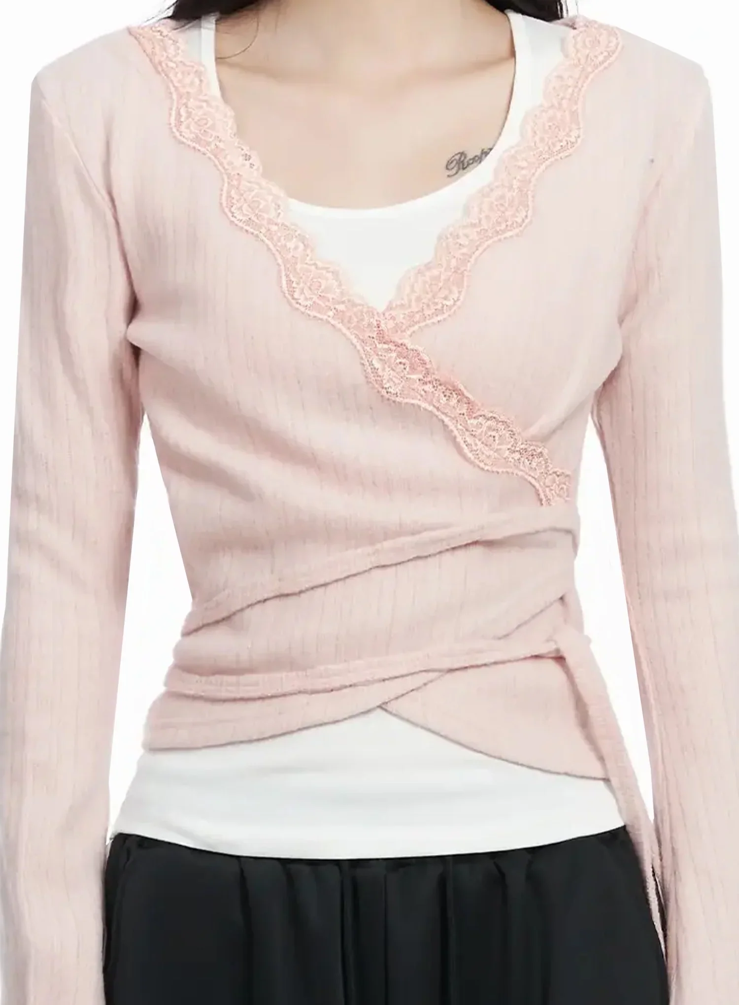 Lace Trim V-Neck Wrap Top IM506 - Image 4
