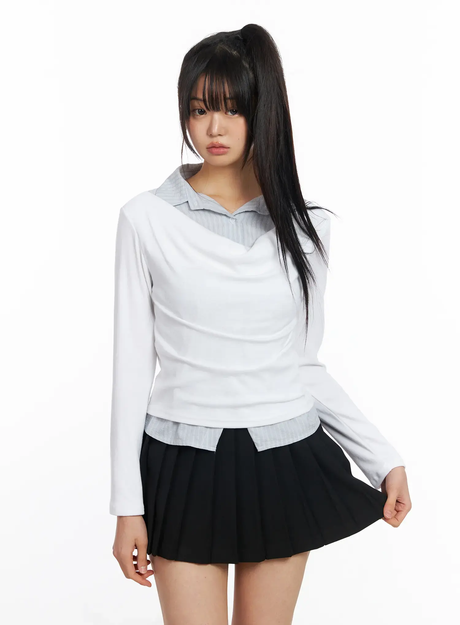 Layered Button Up Cowl Neck Long Sleeve Top CF504 - Image 10