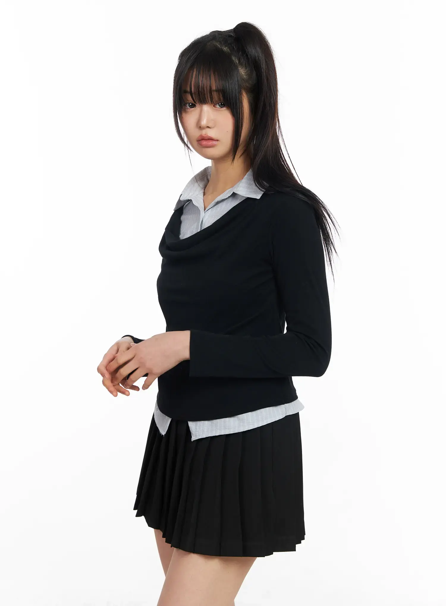 Layered Button Up Cowl Neck Long Sleeve Top CF504 - Image 11