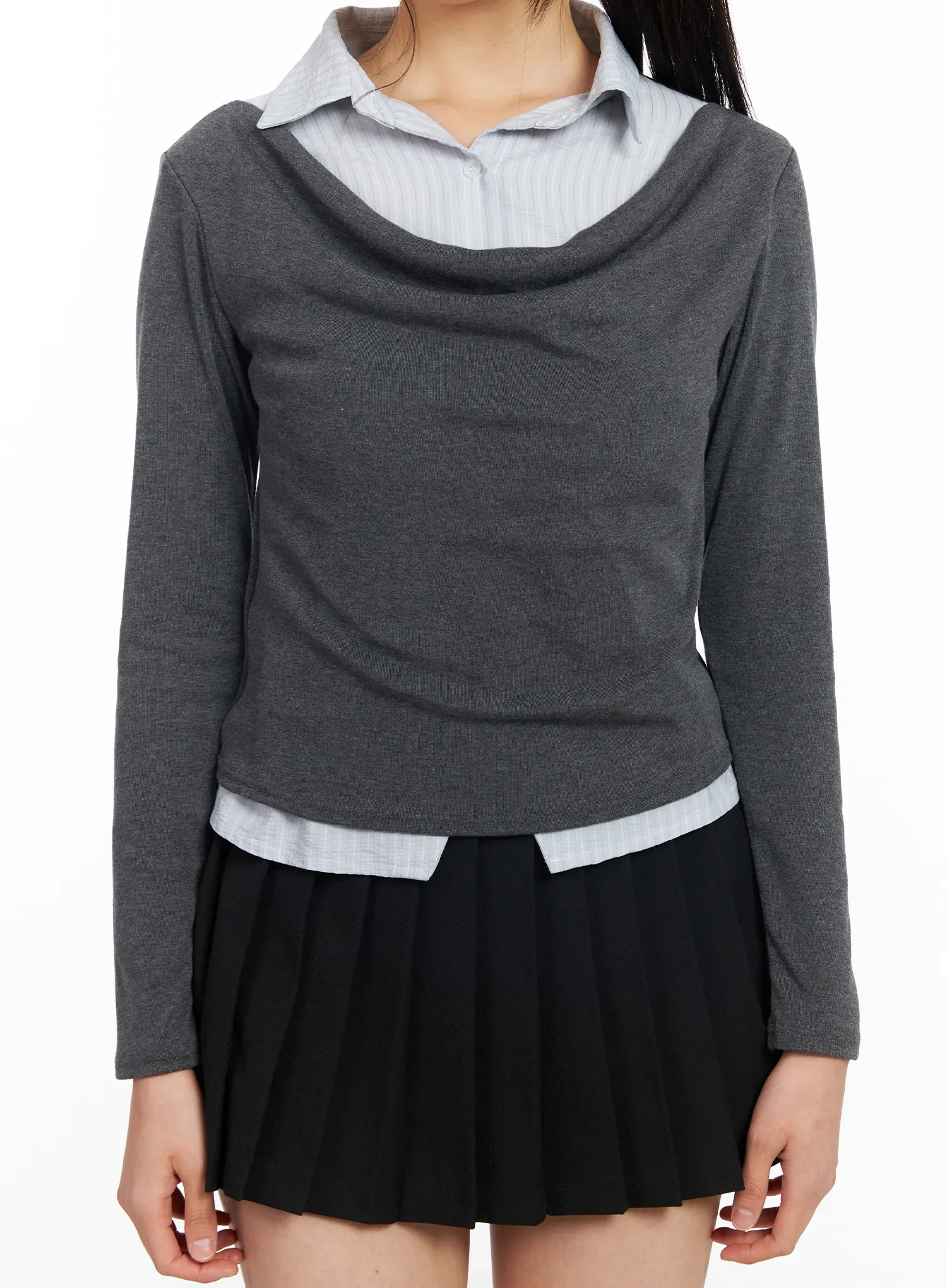Layered Button Up Cowl Neck Long Sleeve Top CF504 - Image 4