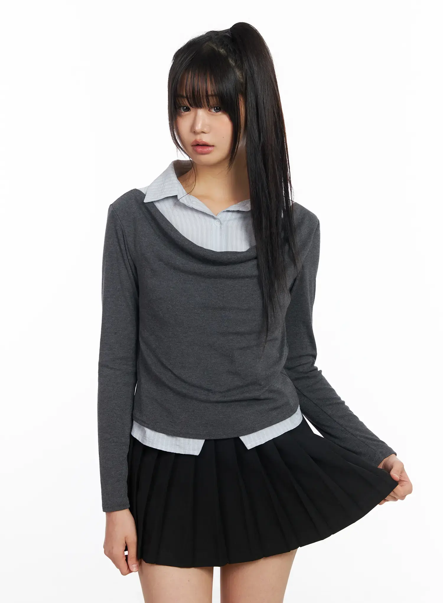 Layered Button Up Cowl Neck Long Sleeve Top CF504 - Image 7