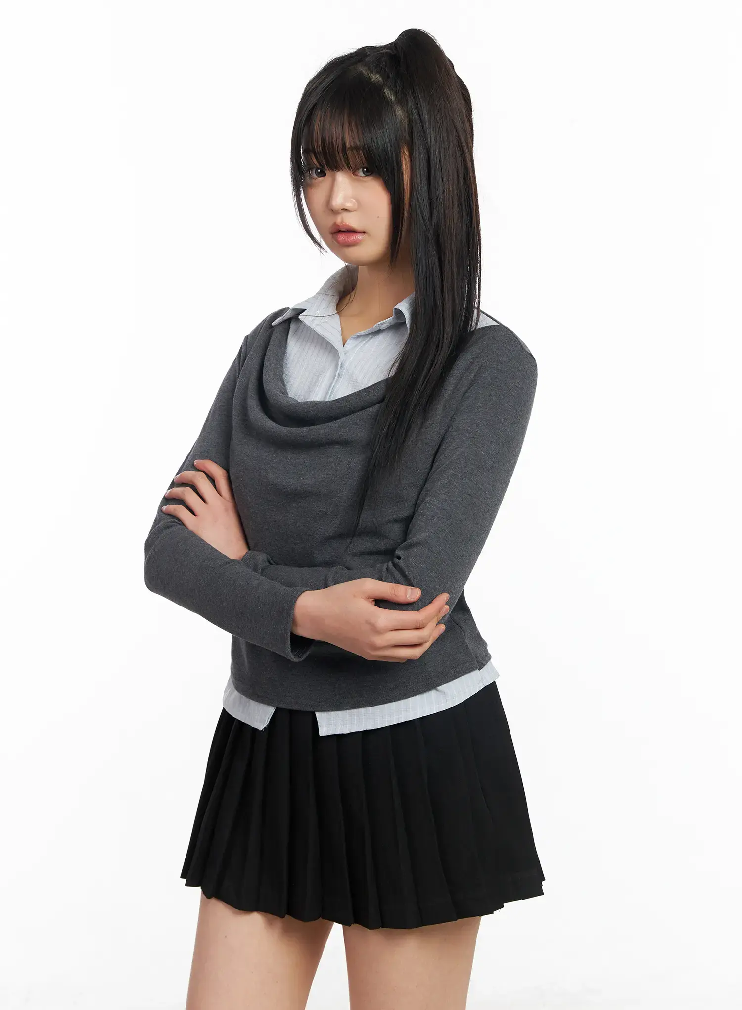 Layered Button Up Cowl Neck Long Sleeve Top CF504 - Image 9