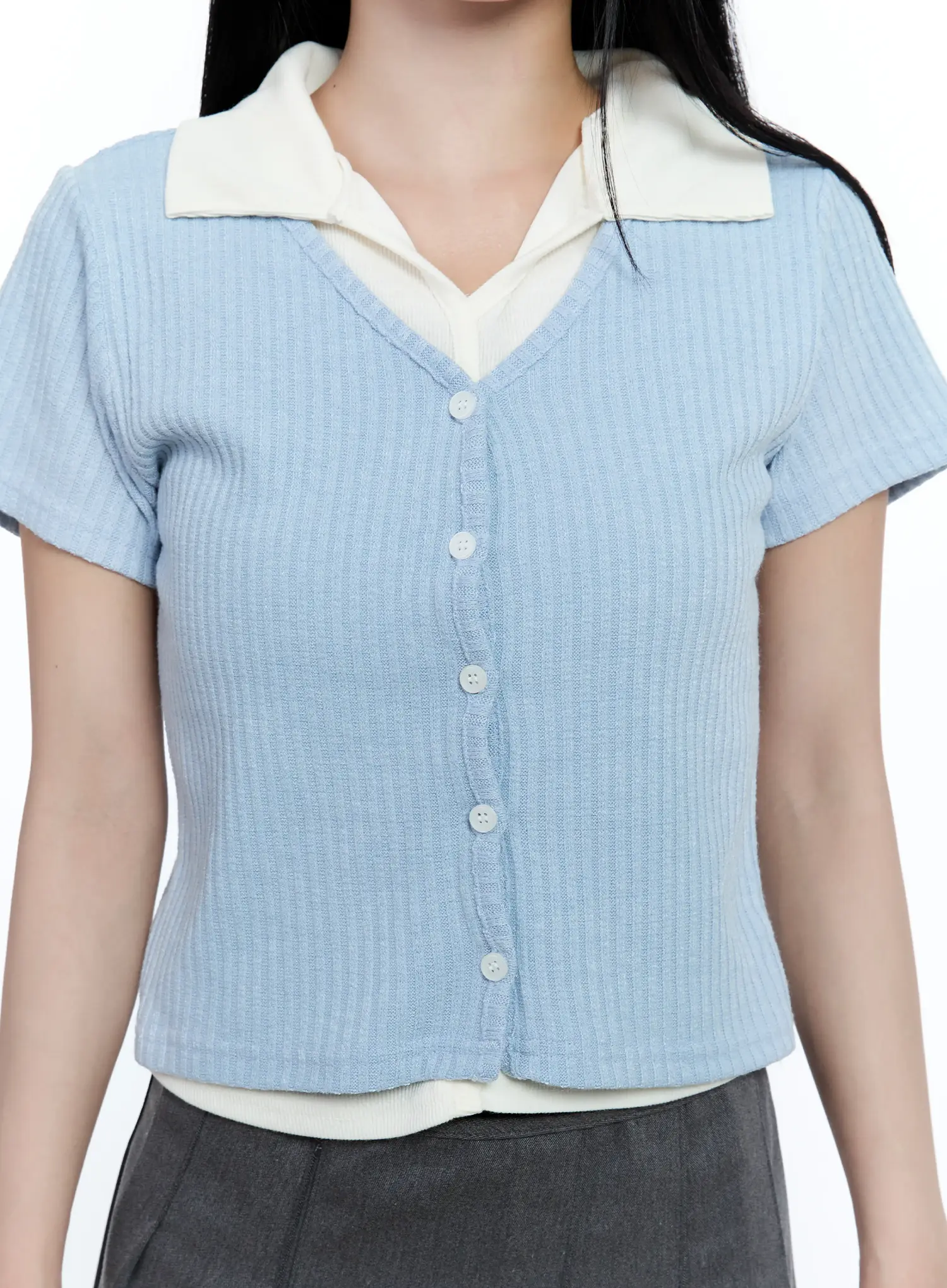 Layered-Collar Cardigan Tee CG511 - Image 3