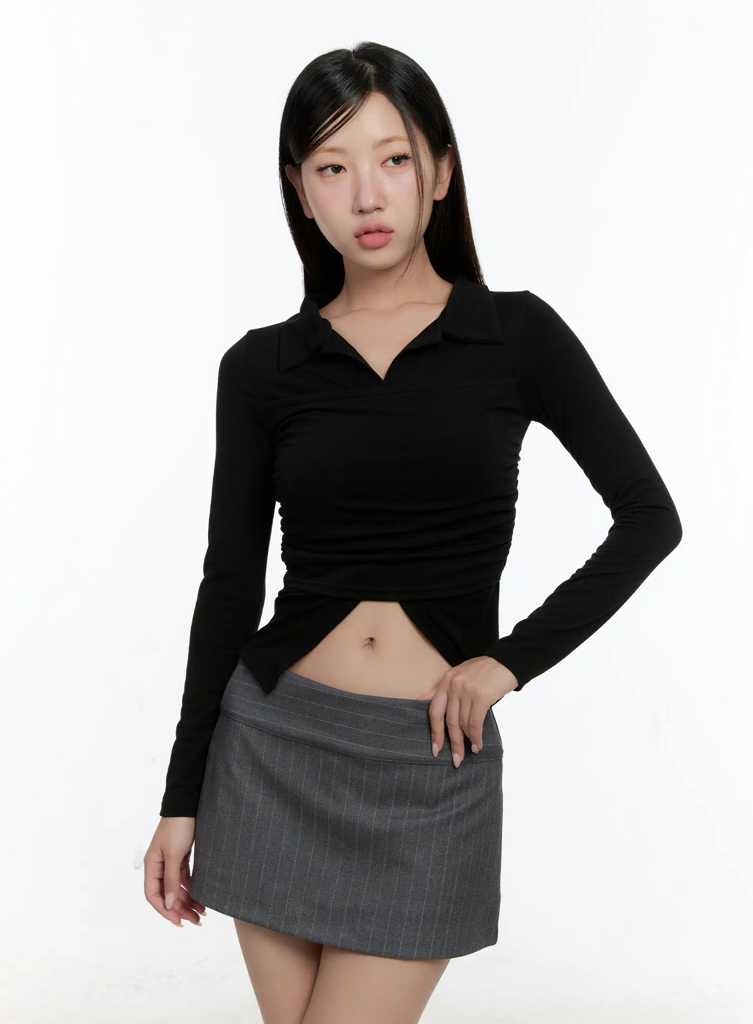 Layered Collar Shirred Long Sleeve Top CS518