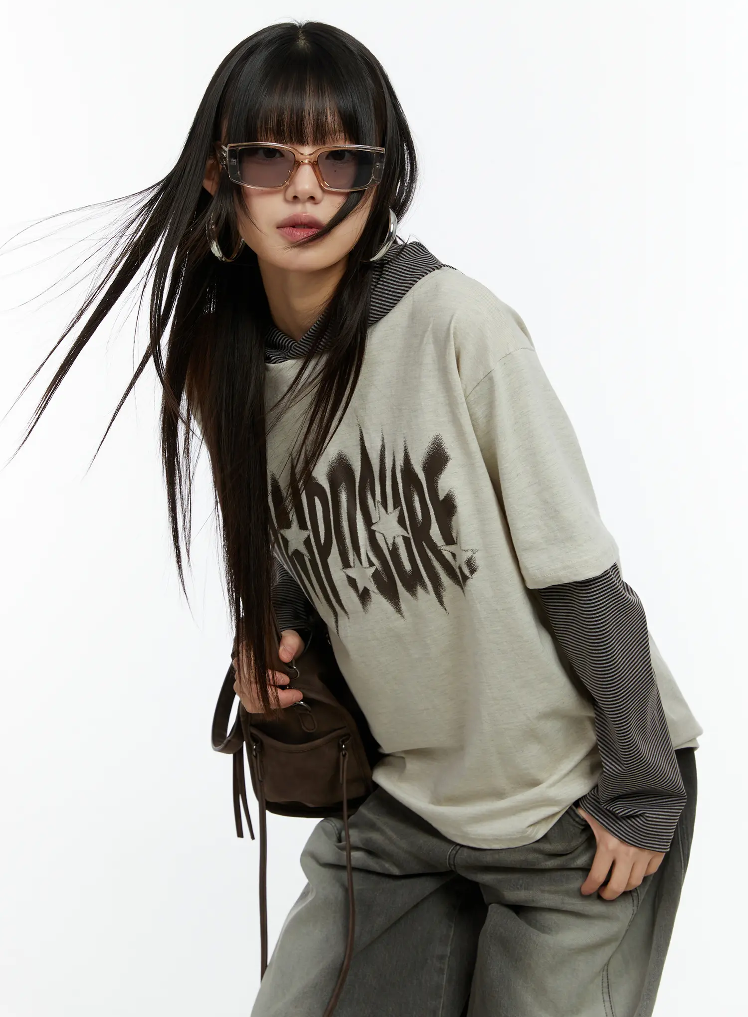 Layered Hooded Graphic Long Sleeve Top CF509