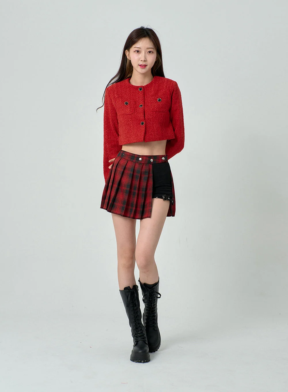 Layered Plaid Pleated Mini Skirt And Short Pants BN22 - Image 2