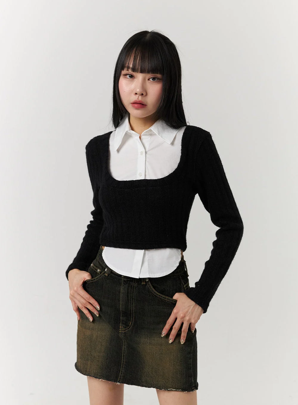 Layered Shirt Buttoned Crop Top CJ404 - Image 4