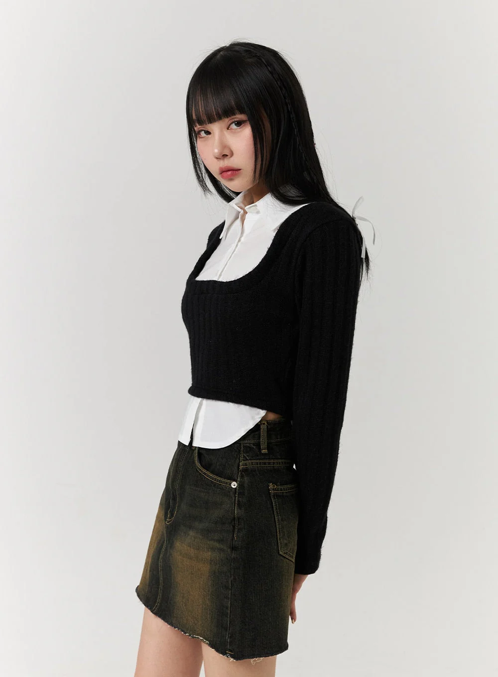 Layered Shirt Buttoned Crop Top CJ404 - Image 5